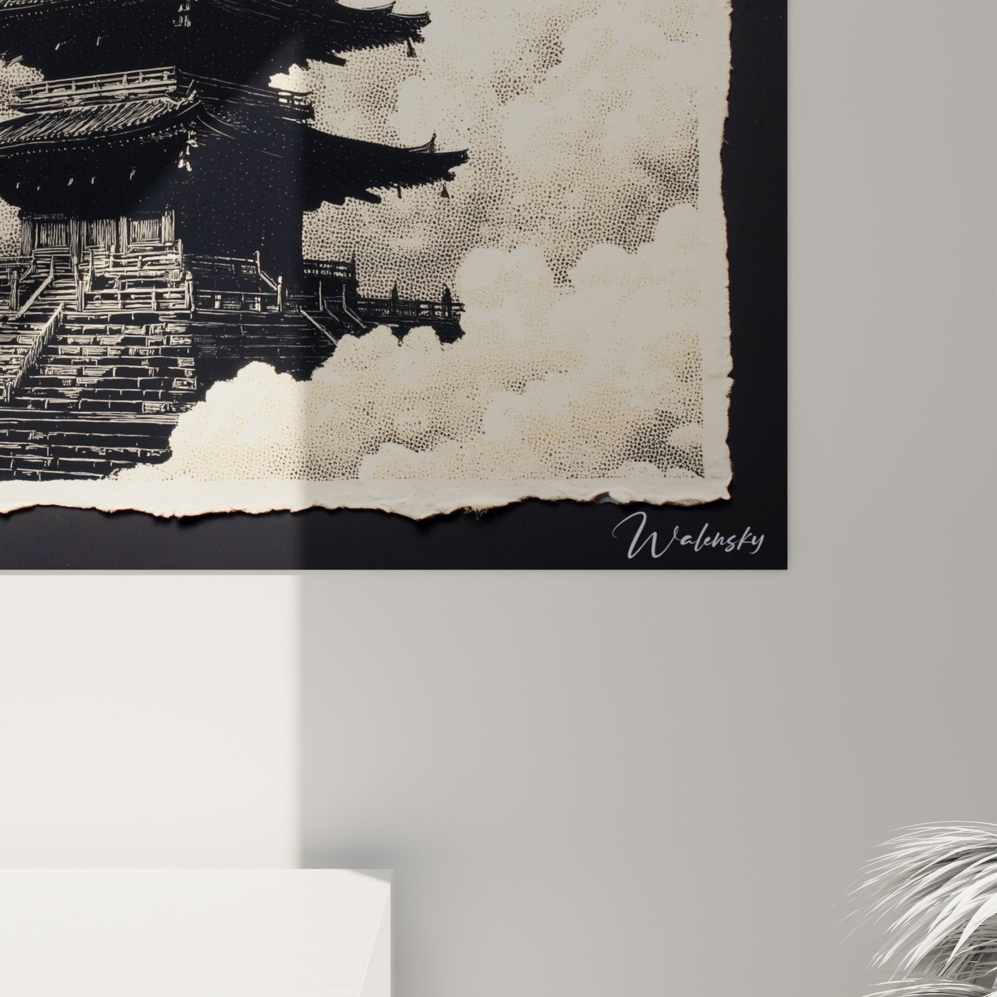 Vue ensemble tableau mural pagode architecturale noir nuages beiges decoration zen spirituelle murale encadree
