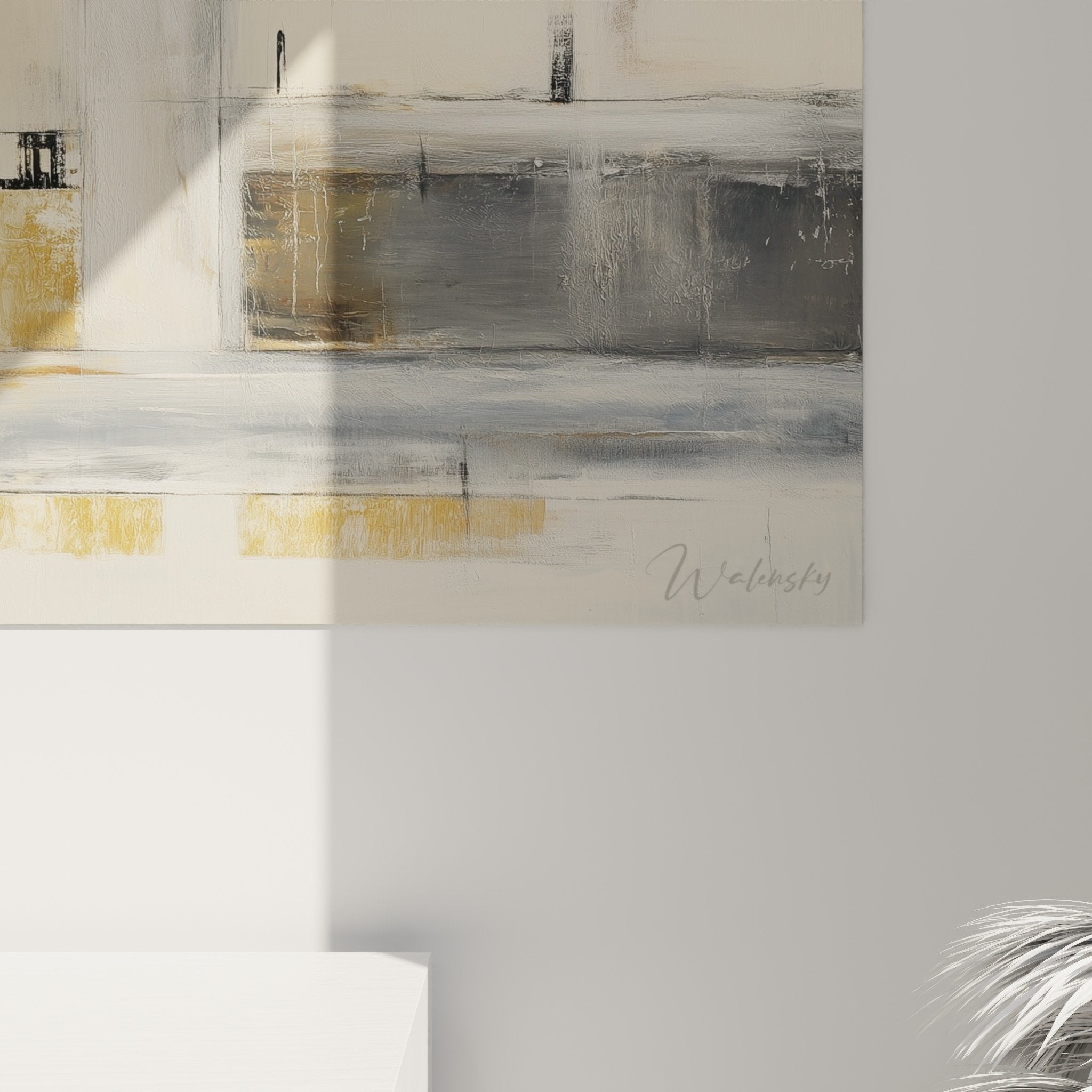 Overall view panoramic abstract beige gray wall art feng shui west metal