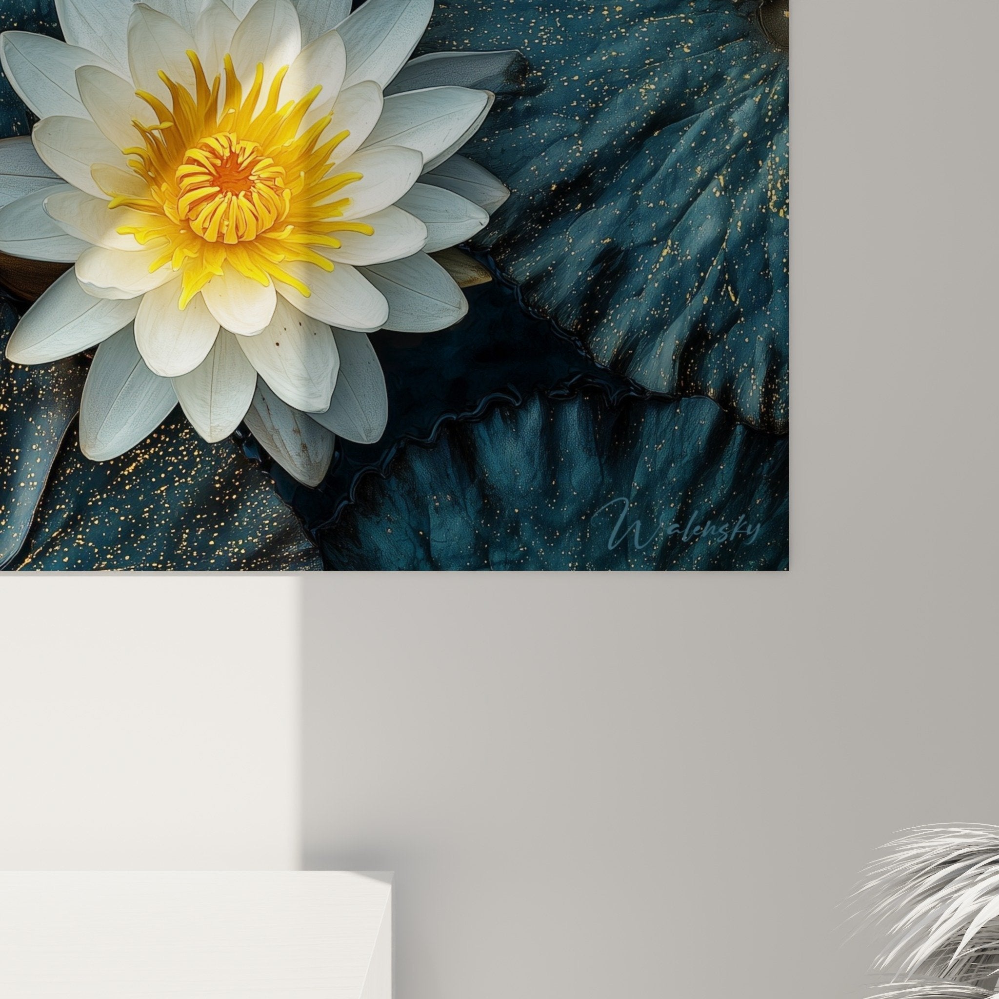 Full view panoramic water lily pond painting blue composition white lotus golden reflections
