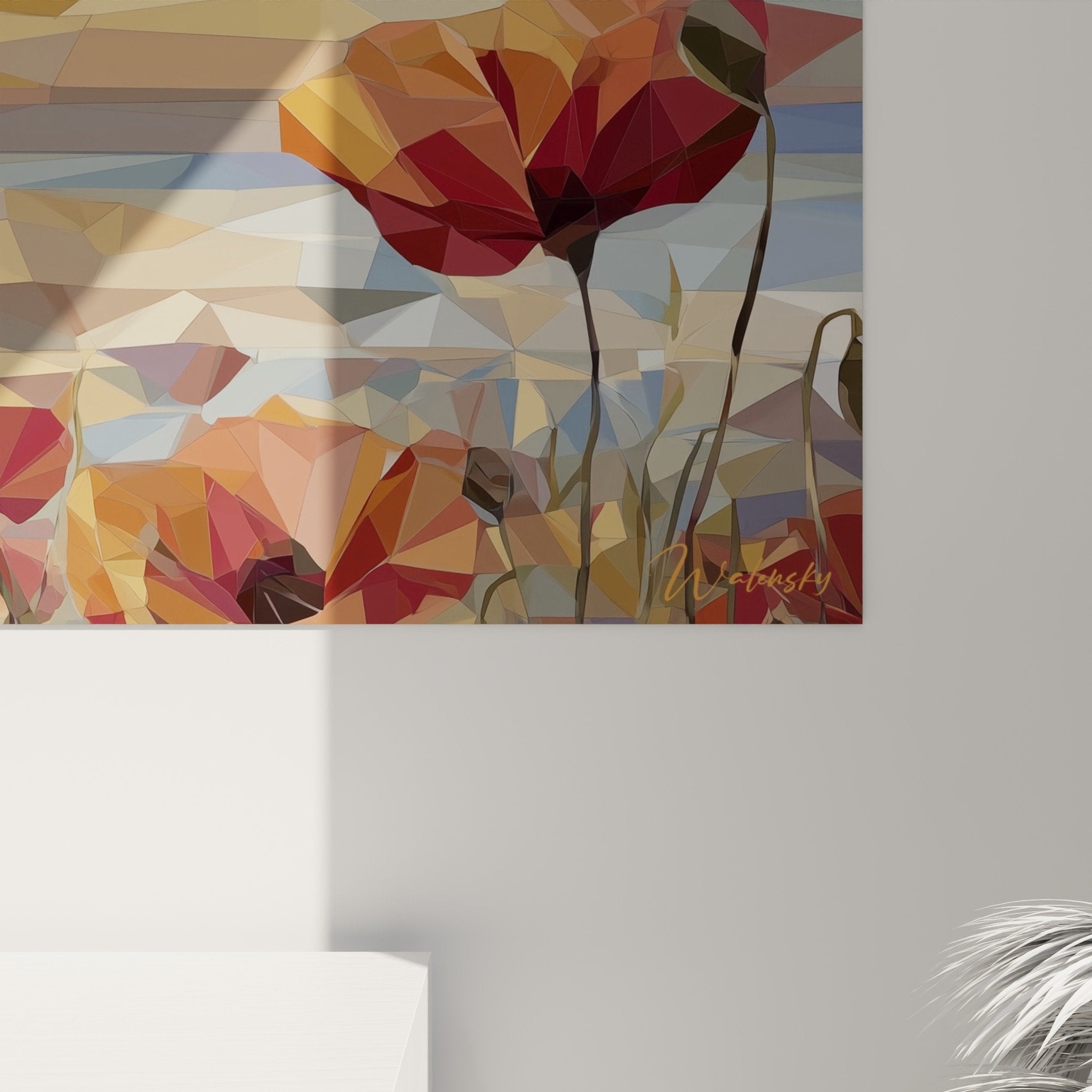 Gesamtansicht Panorama-Wandbild Frau Blumenfeld rote Blumen goldene Landschaft modernes dekoratives Wandkunst