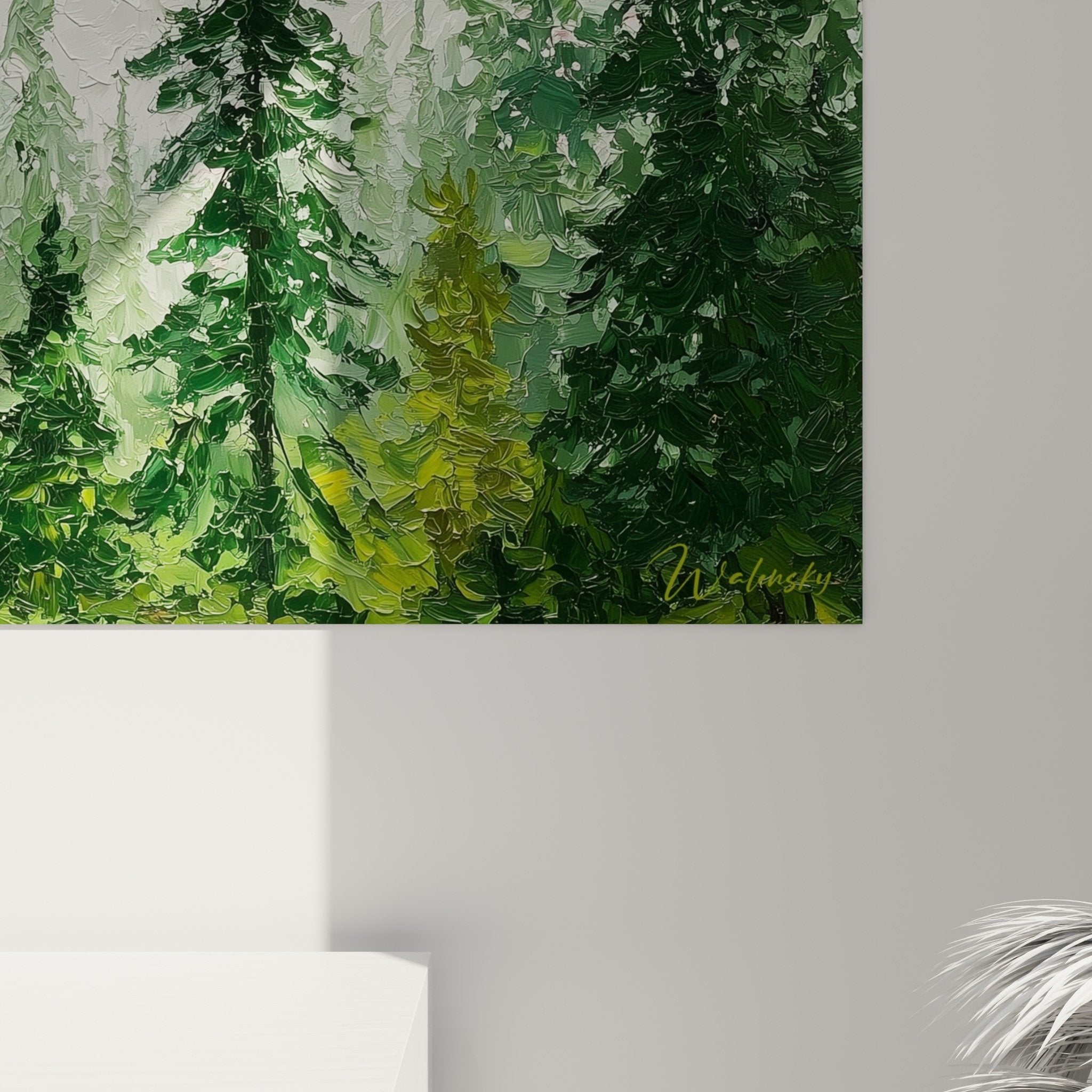 vue ensemble tableau panoramique foret nordique tons verts decoration interieur moderne zen