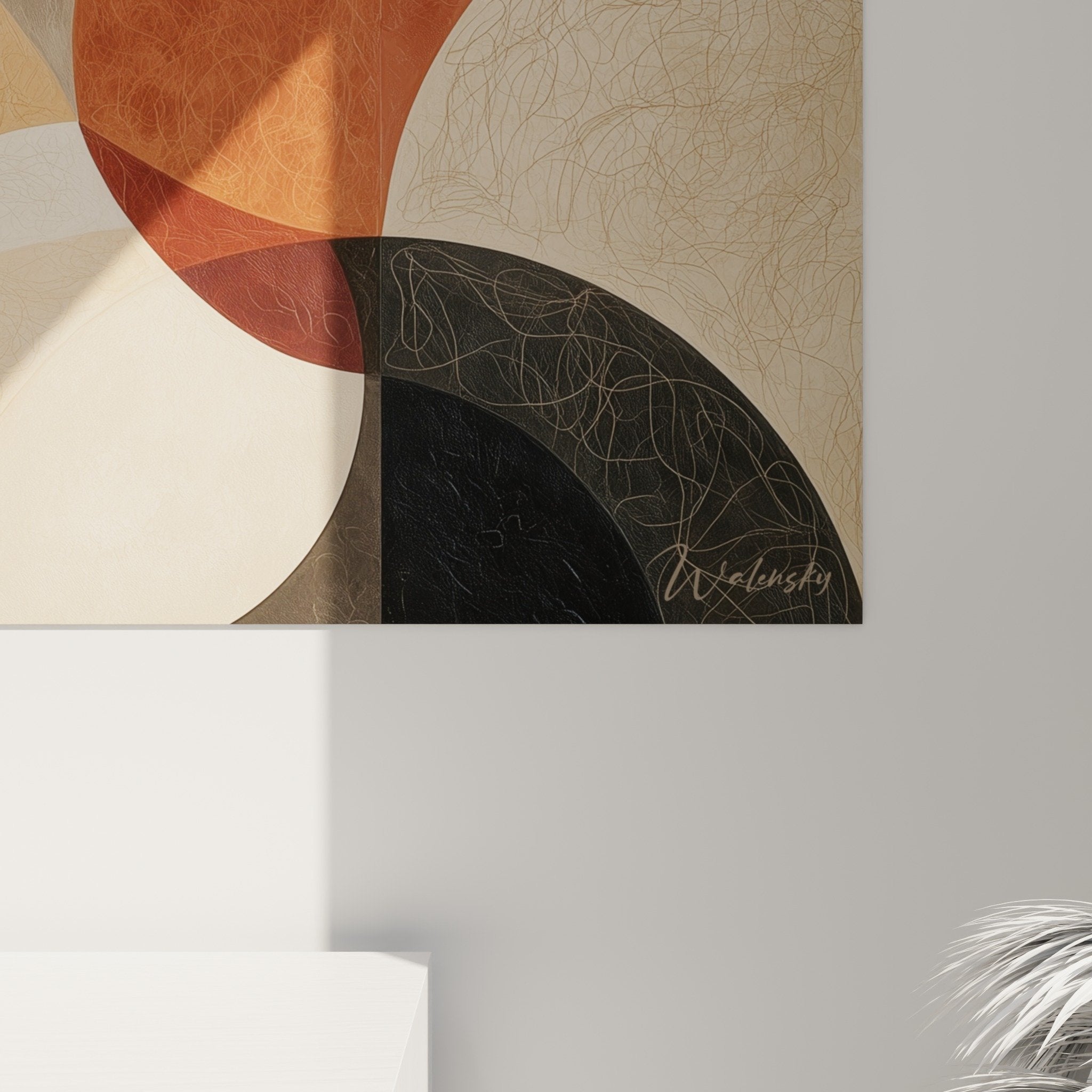 Vue ensemble tableau panoramique formes circulaires abstraites tons terre decoration murale moderne geometrique