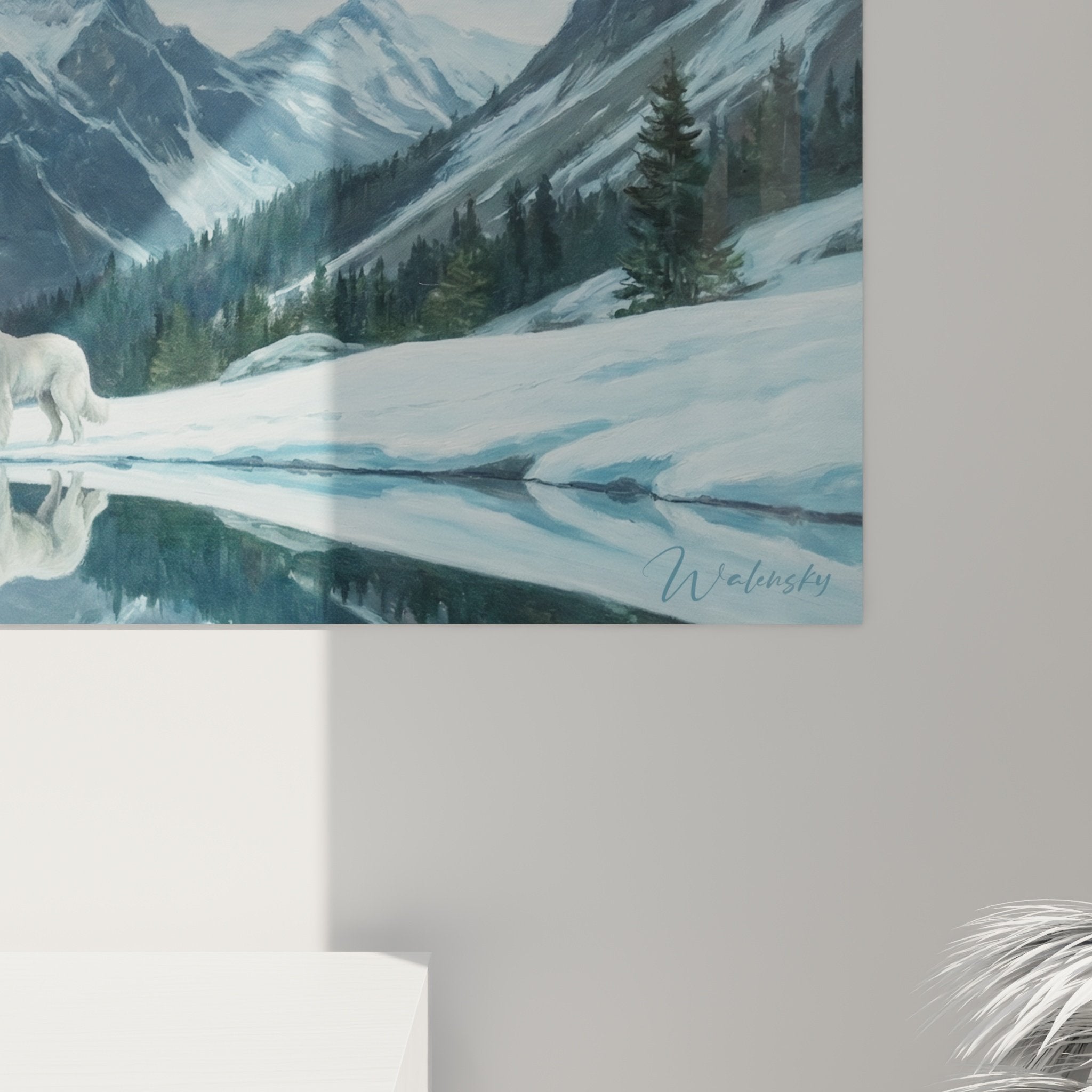 Vue ensemble tableau panoramique loup blanc lac montagne salon decoration murale format horizontal