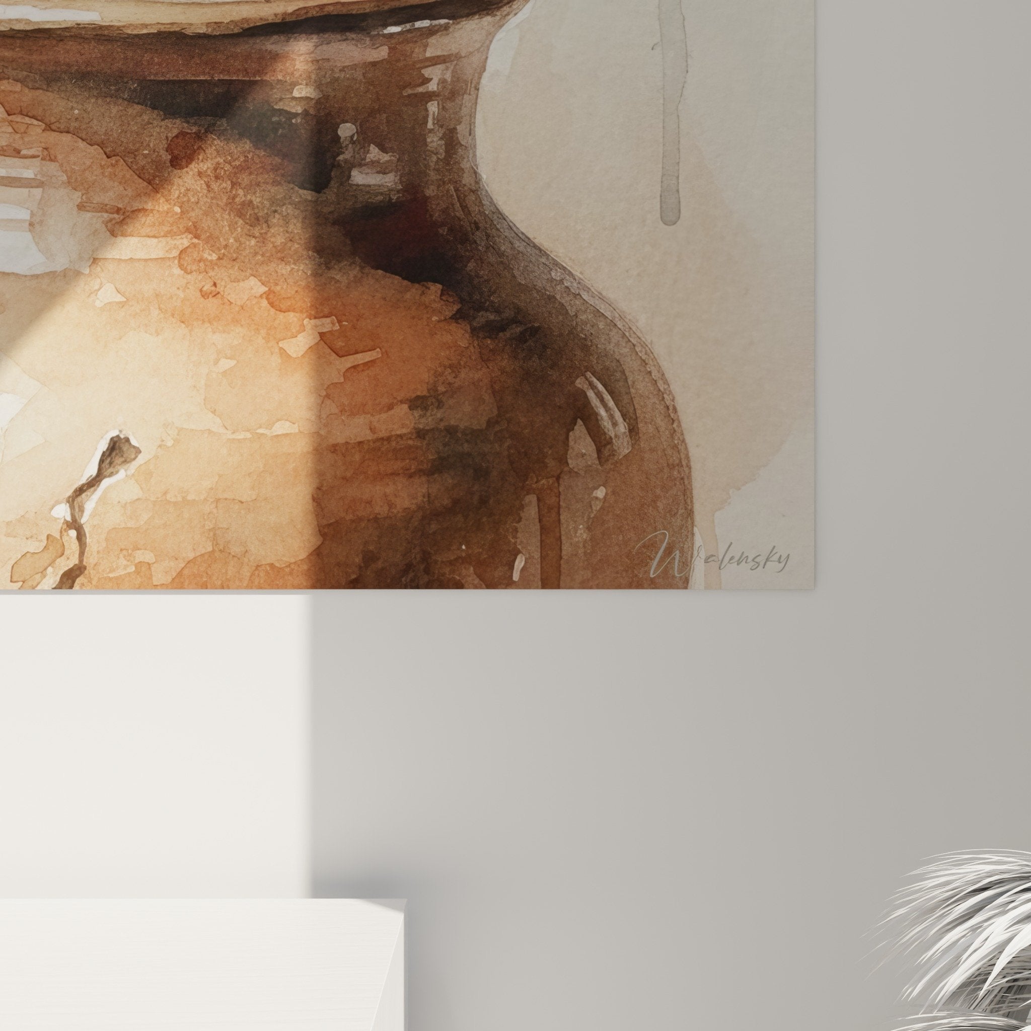 Vue ensemble tableau papillon poterie aquarelle tons naturels beige bleu decoration Japandi
