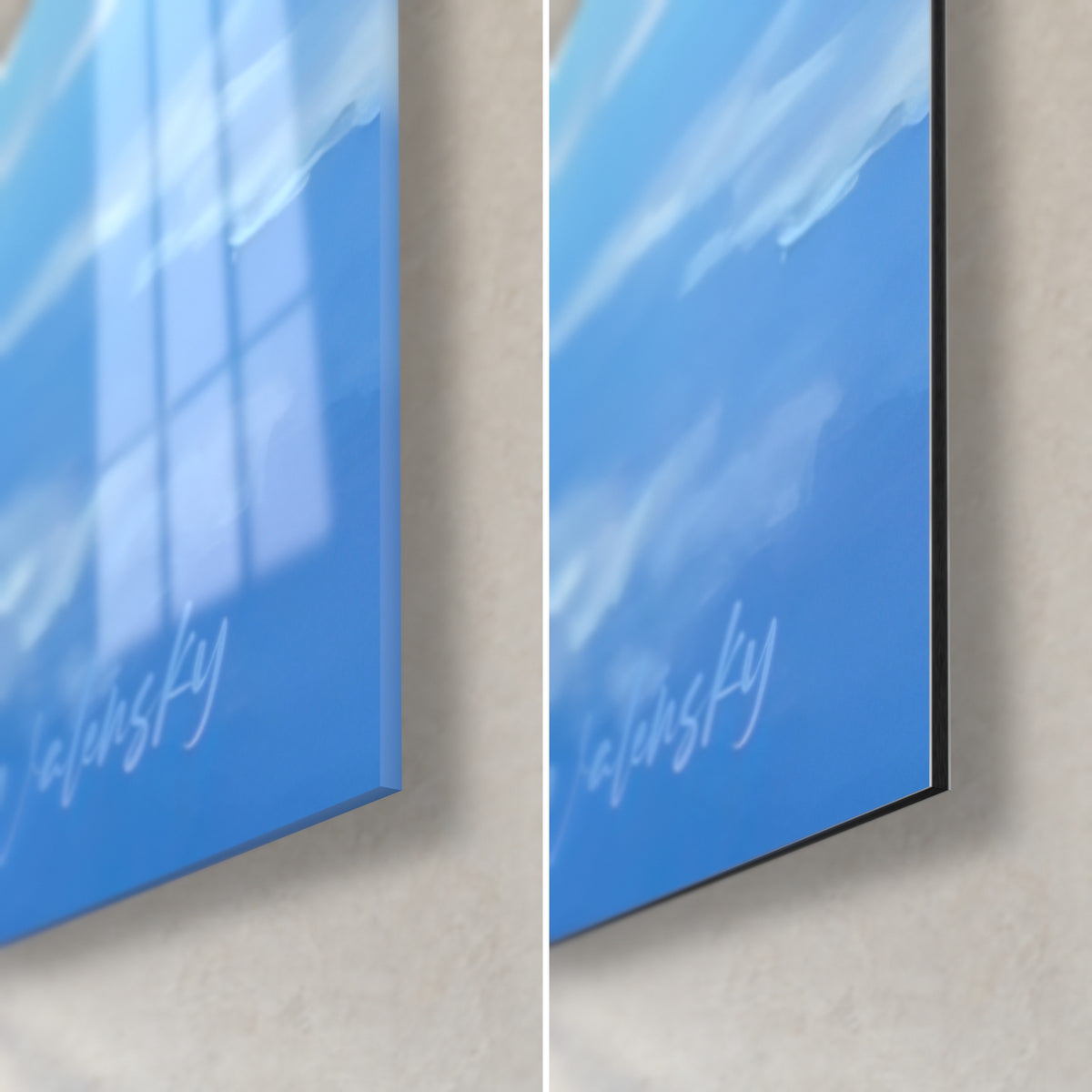 Gemälde eines gemalten Fallschirmspringers, untere rechte Ecke: glänzendes blaues Acrylglas links, mattschwarzes Dibond-Aluminium rechts, Signatur Walensky