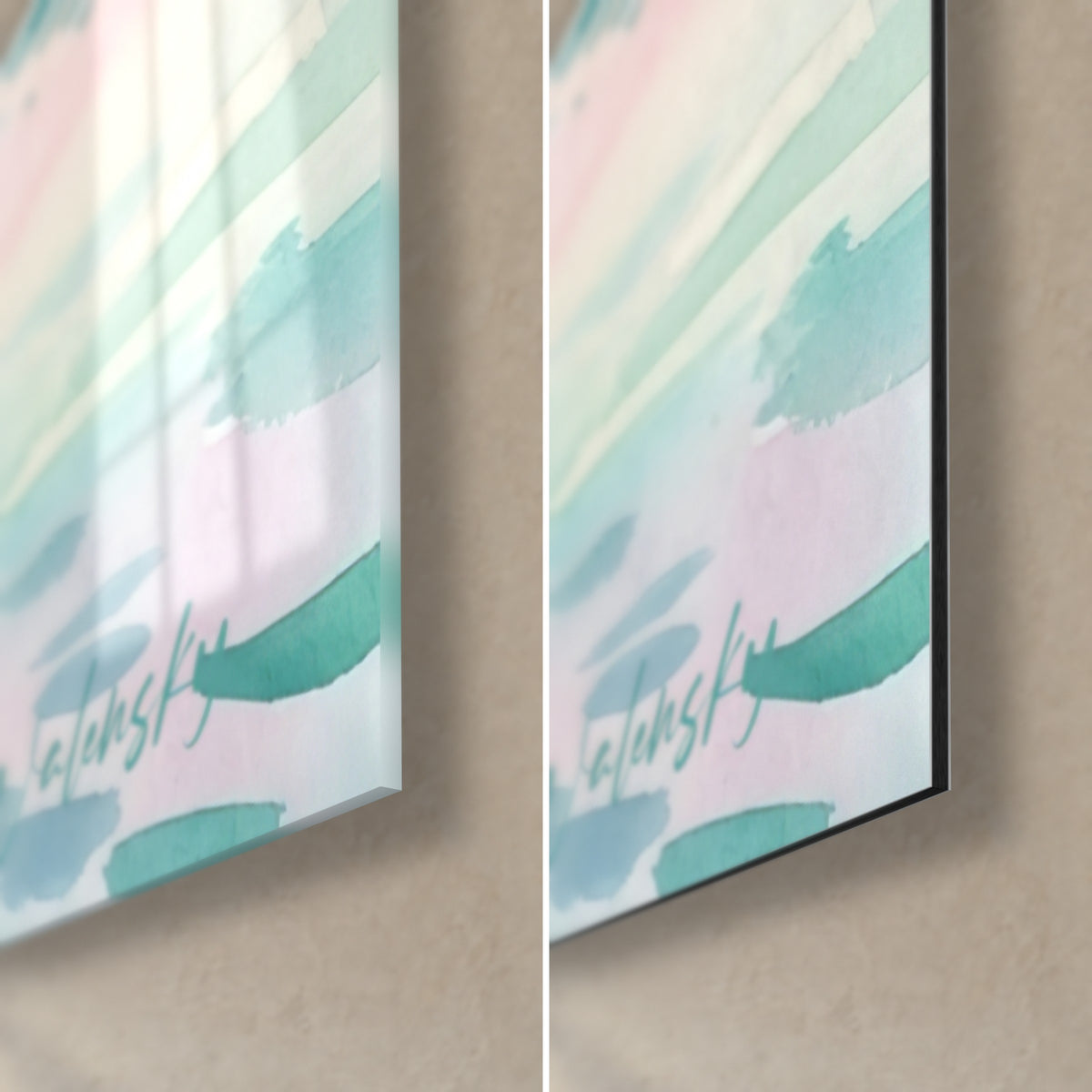 Gemälde eines Freiflugs auf türkis-rosafarbenem Aquarell, untere rechte Ecke: glänzendes Glas links, mattes Dibond rechts, 3 mm Kante