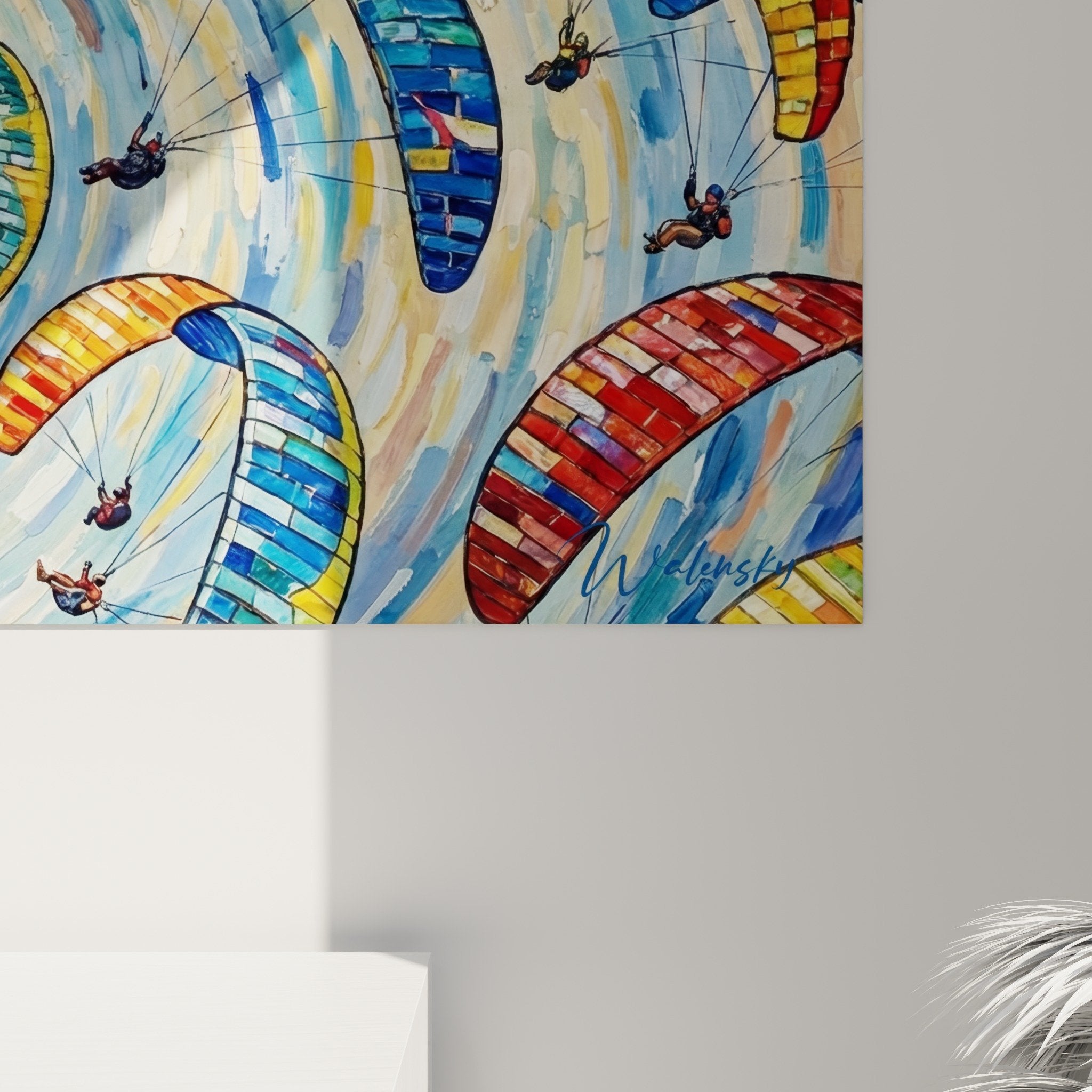 Vue ensemble tableau parapente tourbillon spiral mur decoration interieur moderne art coloré accrochage