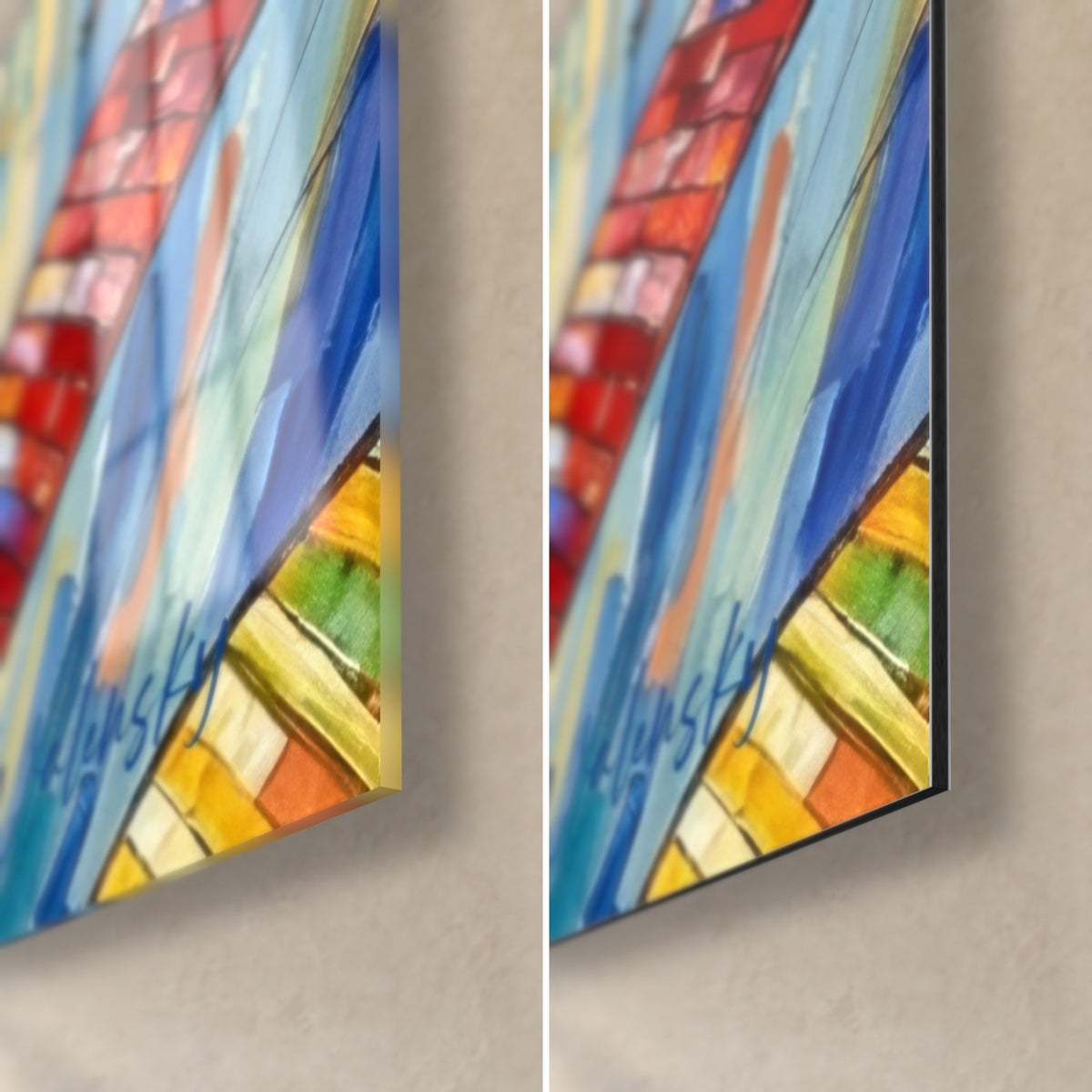 Gemälde Gleitschirmflügel in Rot und Türkis gestreift, untere rechte Ecke, glänzendes Glas links, matt Dibond rechts