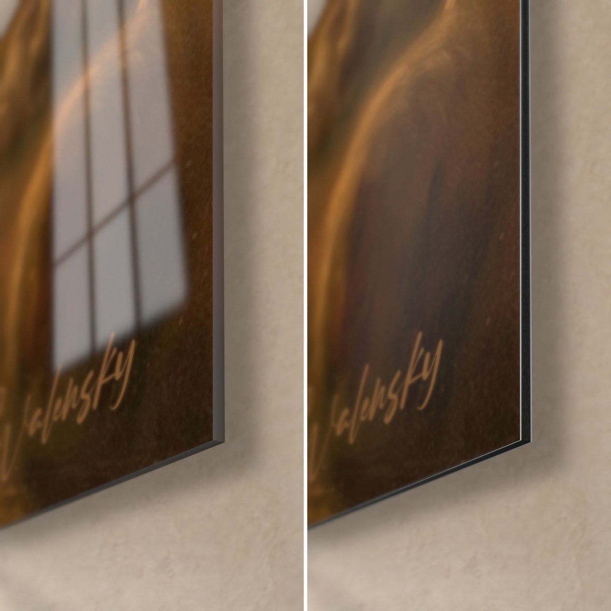 Wall art shepherd and his dog, bottom right corner, golden signature on brown background, glossy acrylic glass and matte Dibond, 3 mm edge
