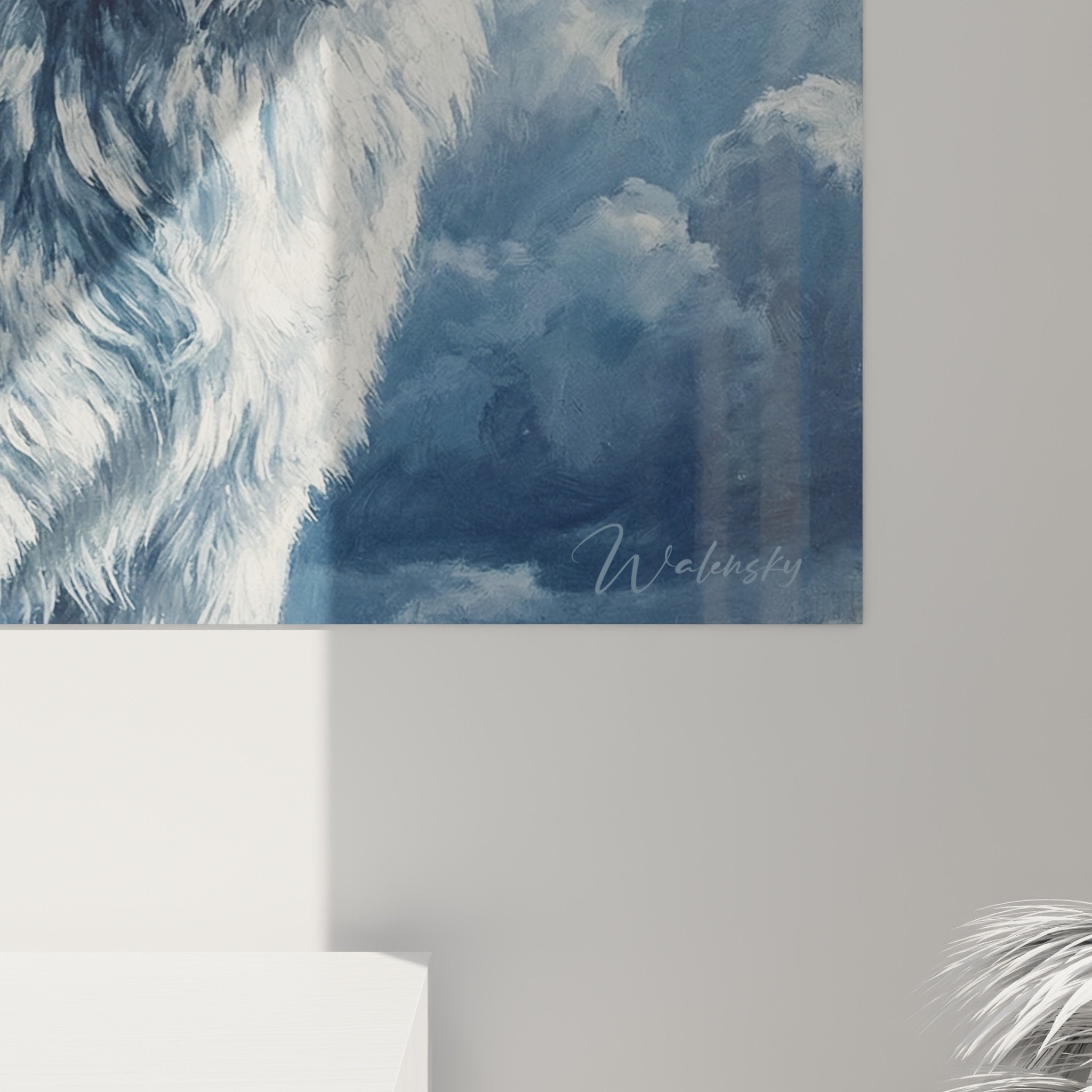 Full view of Patou des Pyrénées artwork, majestic shepherd dog, dramatic sky, blue white wall art