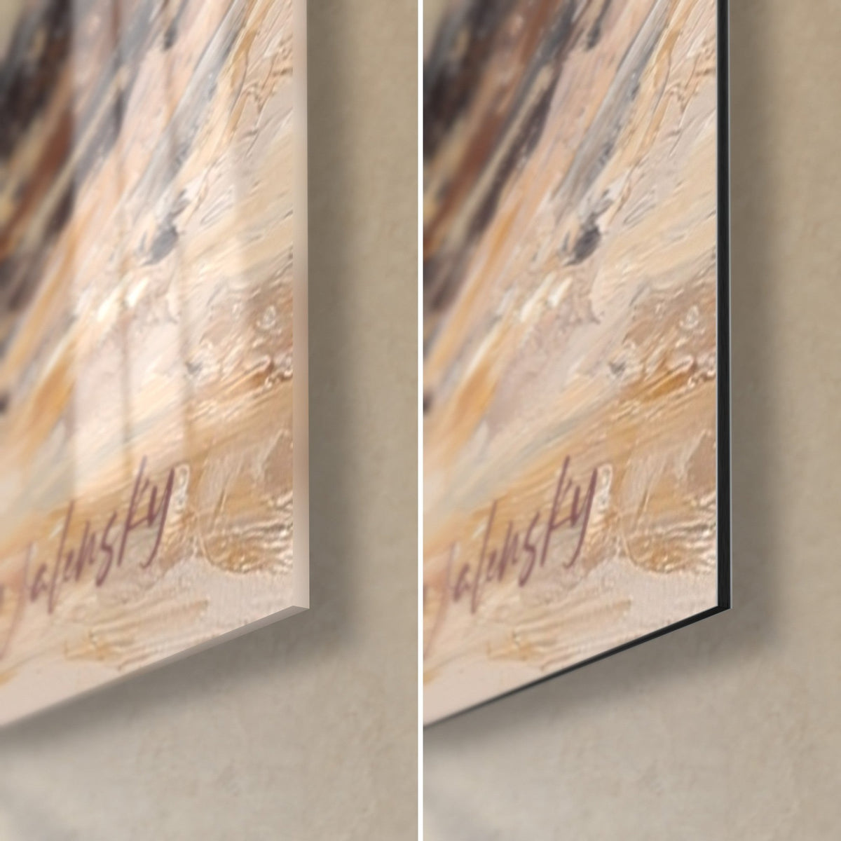 Wall art of an abstract storm, thick ochre and burgundy impasto in the lower right corner, glossy acrylic glass on the left, matte Dibond on the right