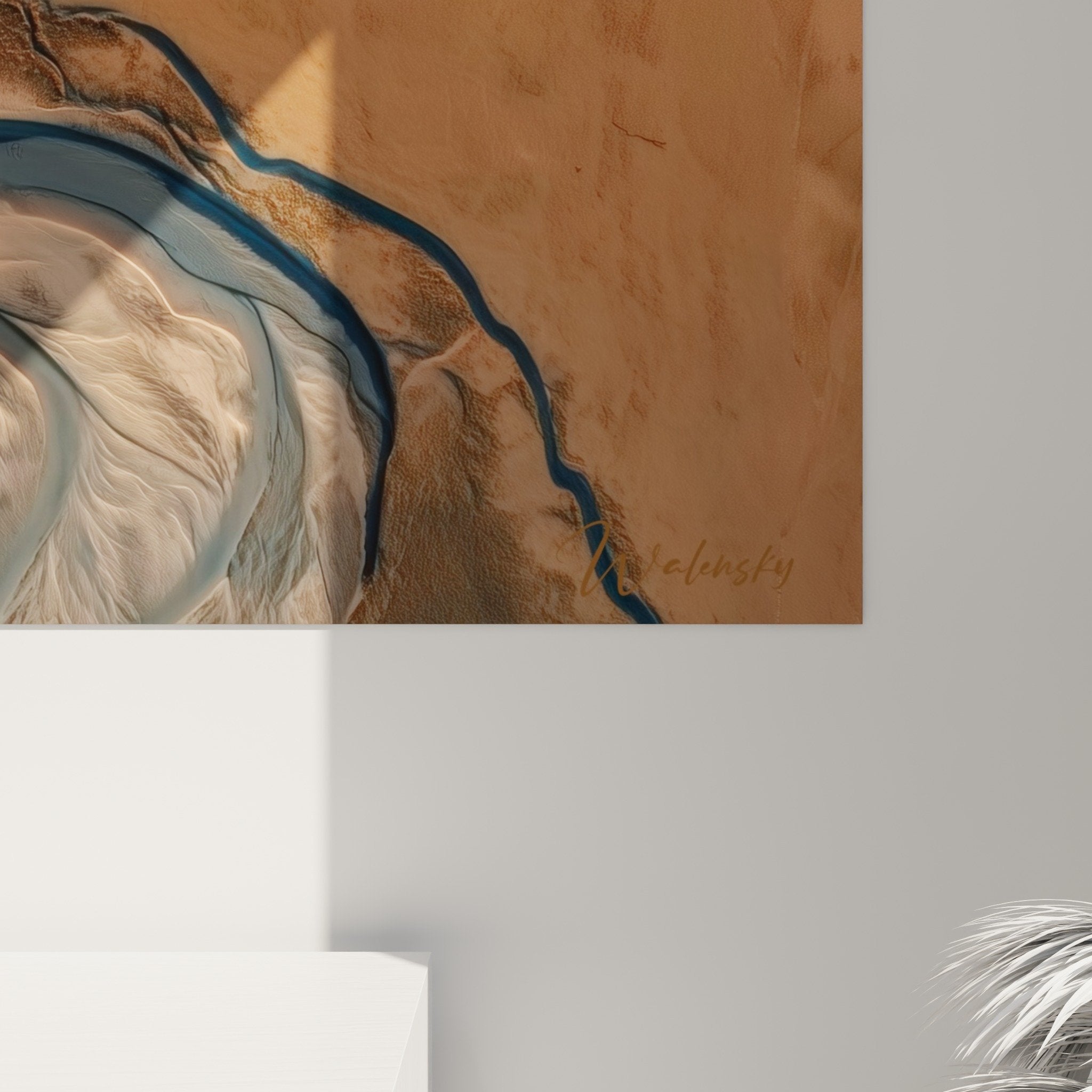 Full view abstract landscape painting ochre golden tones interior decoration feng shui