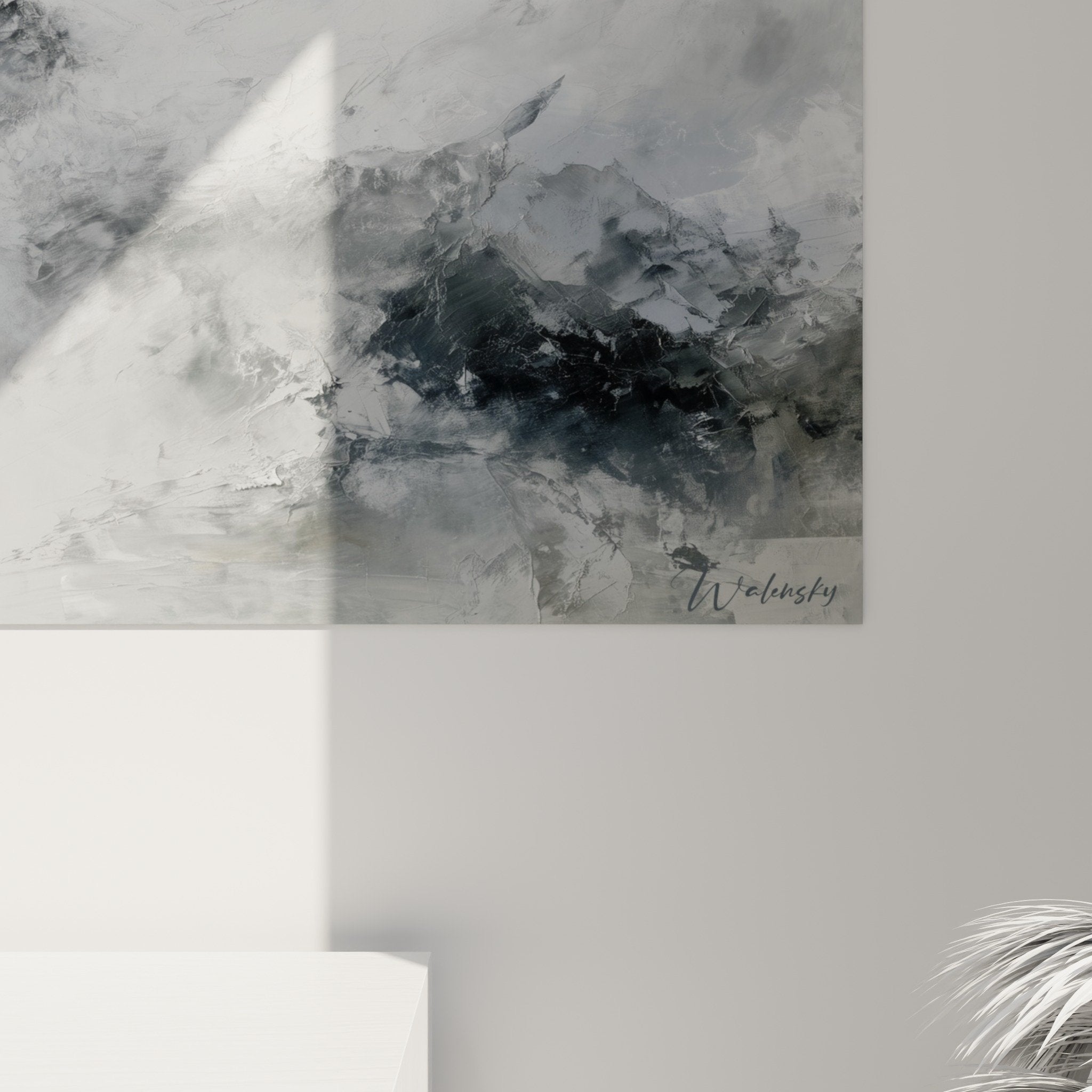 Vue ensemble tableau paysage alpin brumeux decoration interieur feng shui metal