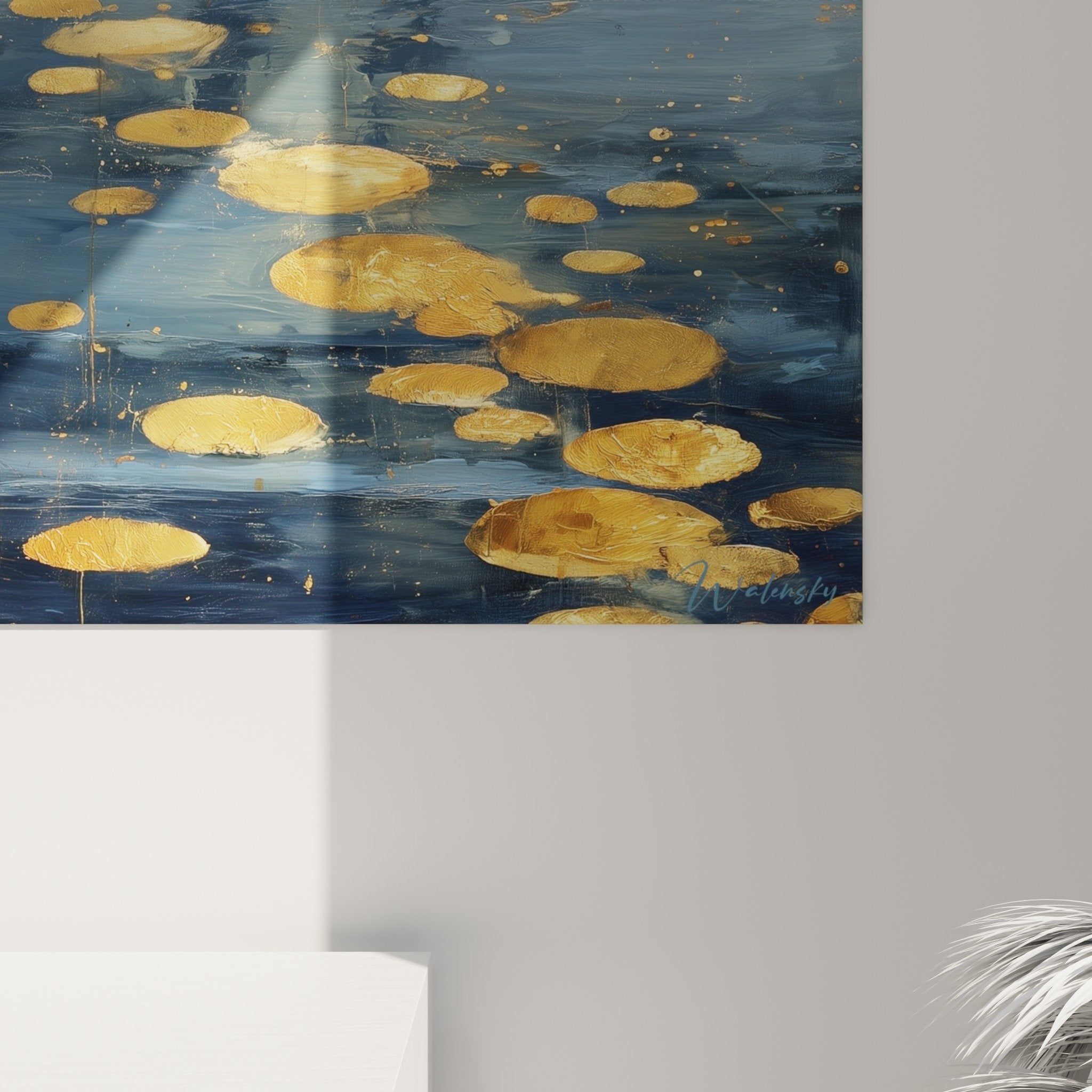Waterscape landscape painting misty two wading birds feng shui composition overall view