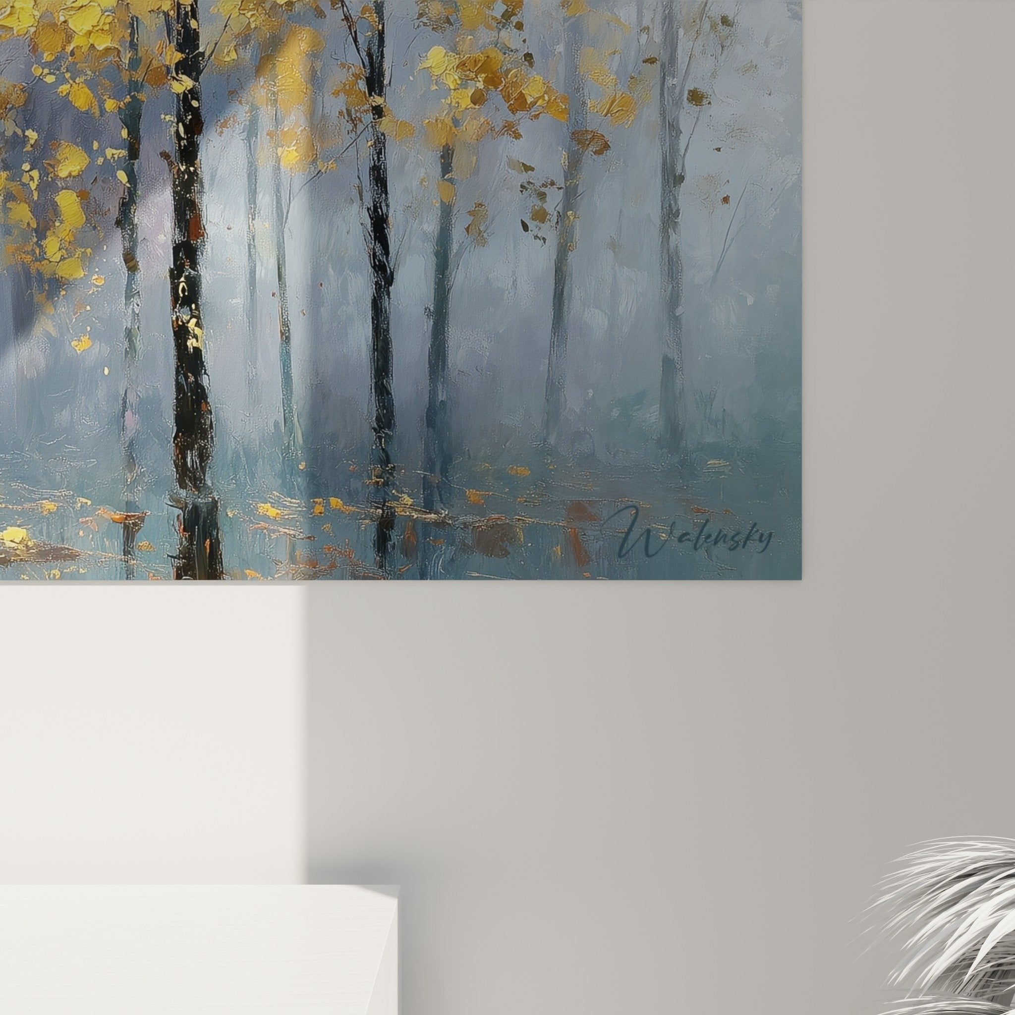Gesamtansicht Landschaftsbild neblige Herbstlandschaft goldene Bäume Waldweg Feng Shui Osten Holz Wohnzimmer