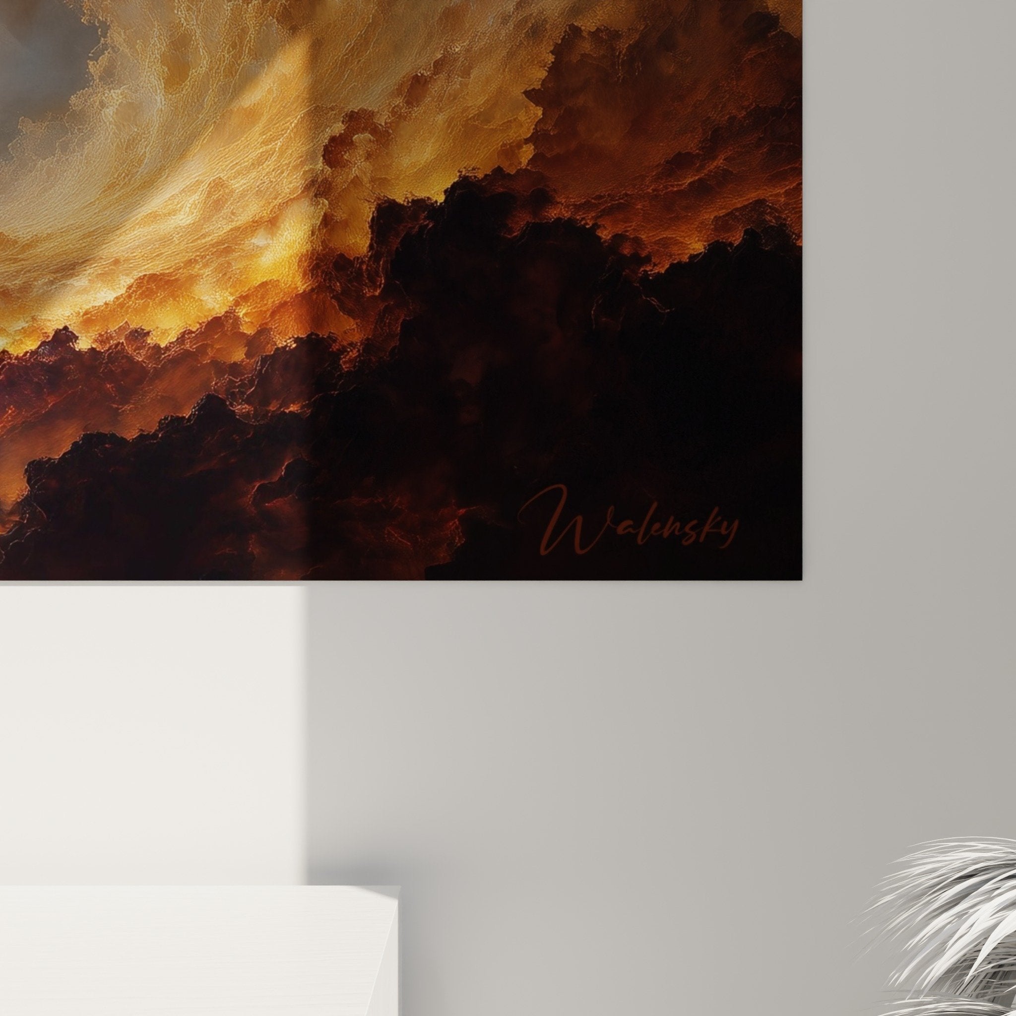 Vue ensemble tableau paysage cosmique decoration salon nuages dorés feng shui sud feu