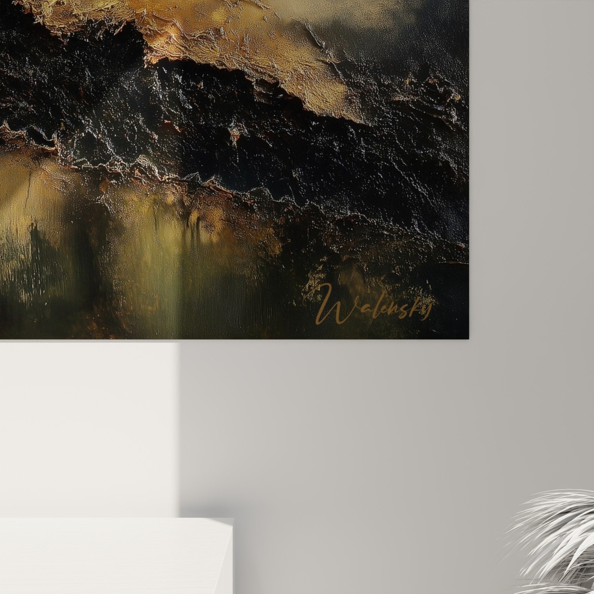 Full view golden and black landscape painting wall decoration feng shui northeast earth