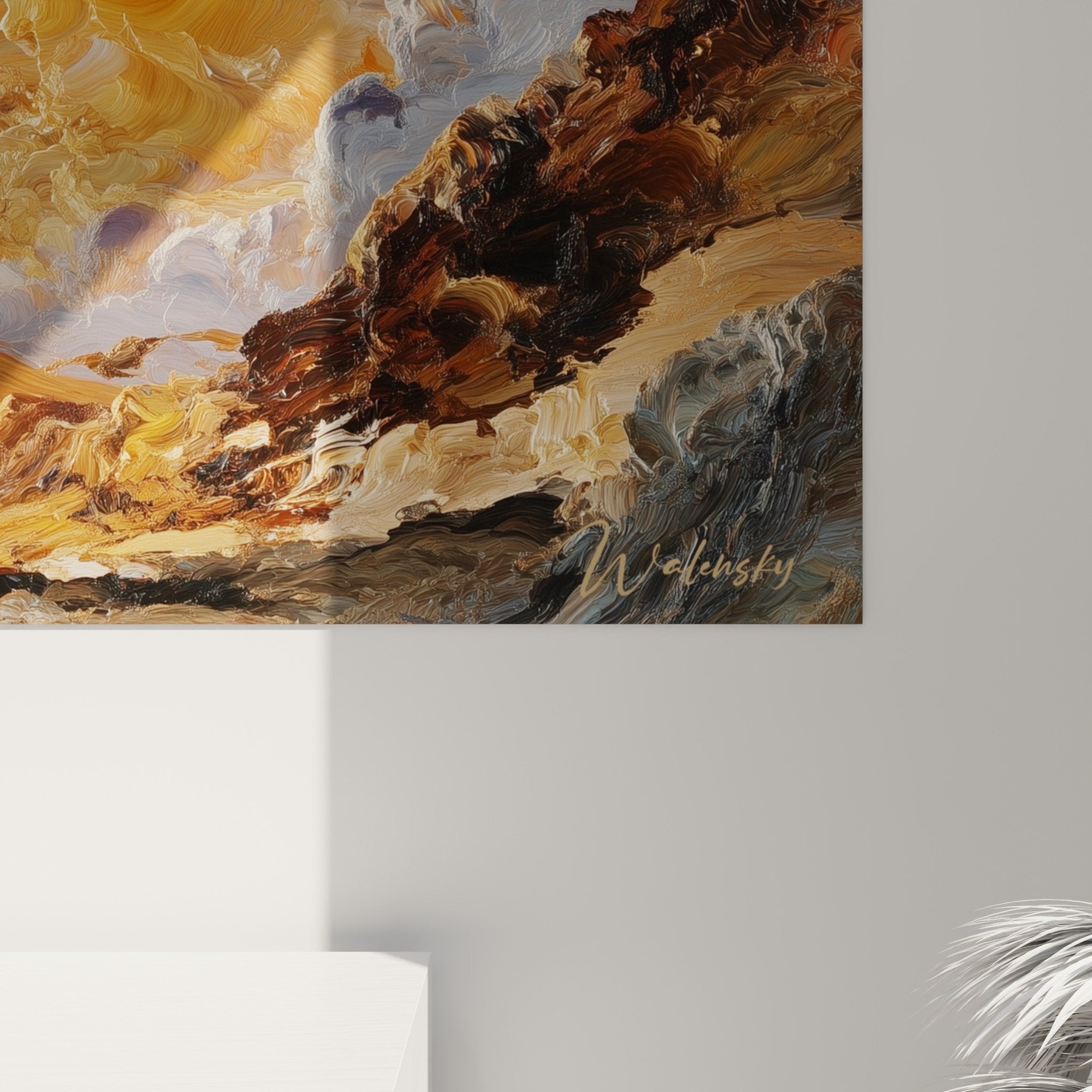 Vue ensemble tableau paysage dramatique orange rouge decoration interieur feng shui sud feu