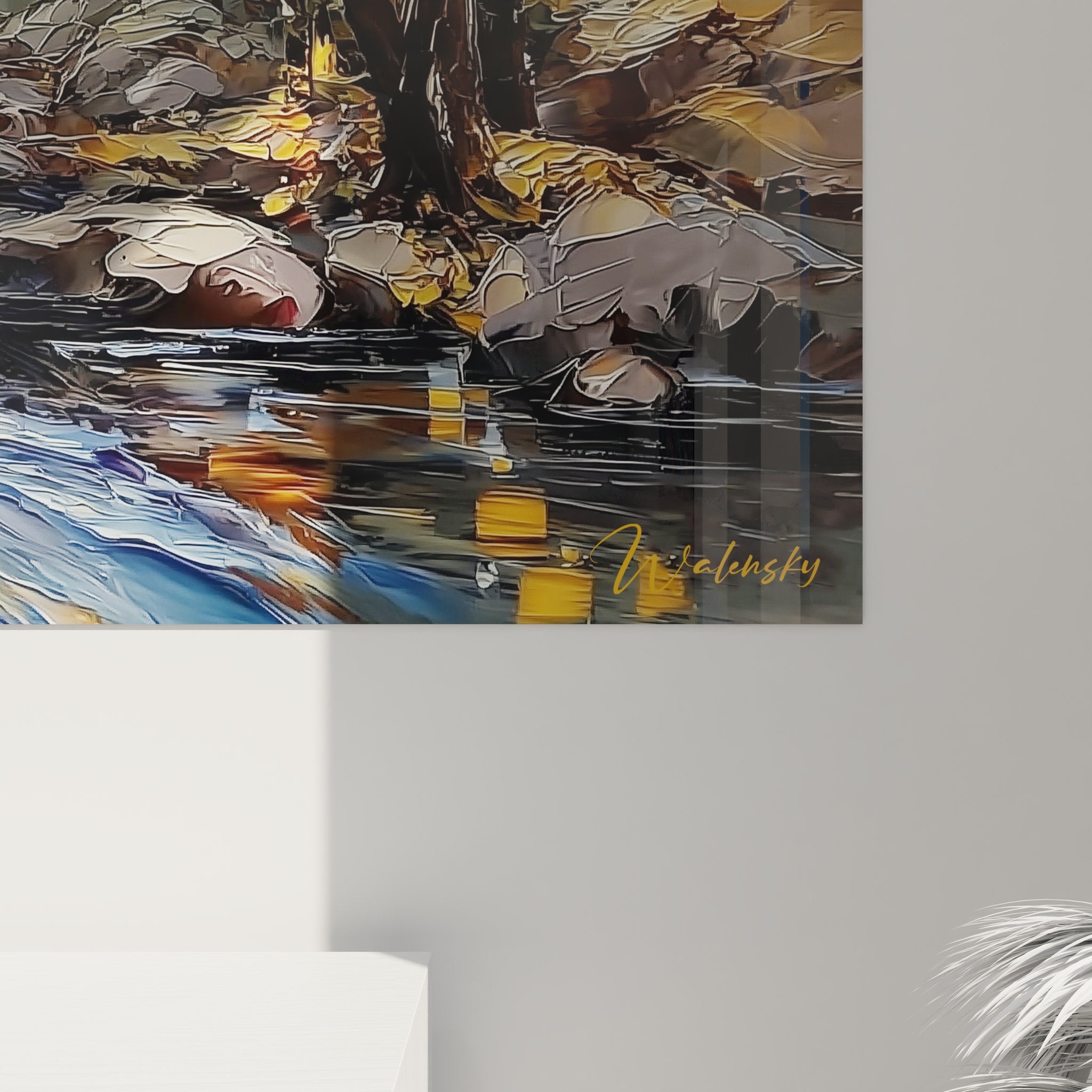 Vue ensemble tableau paysage forestier montagne, rivière cascade automne décoration murale nature