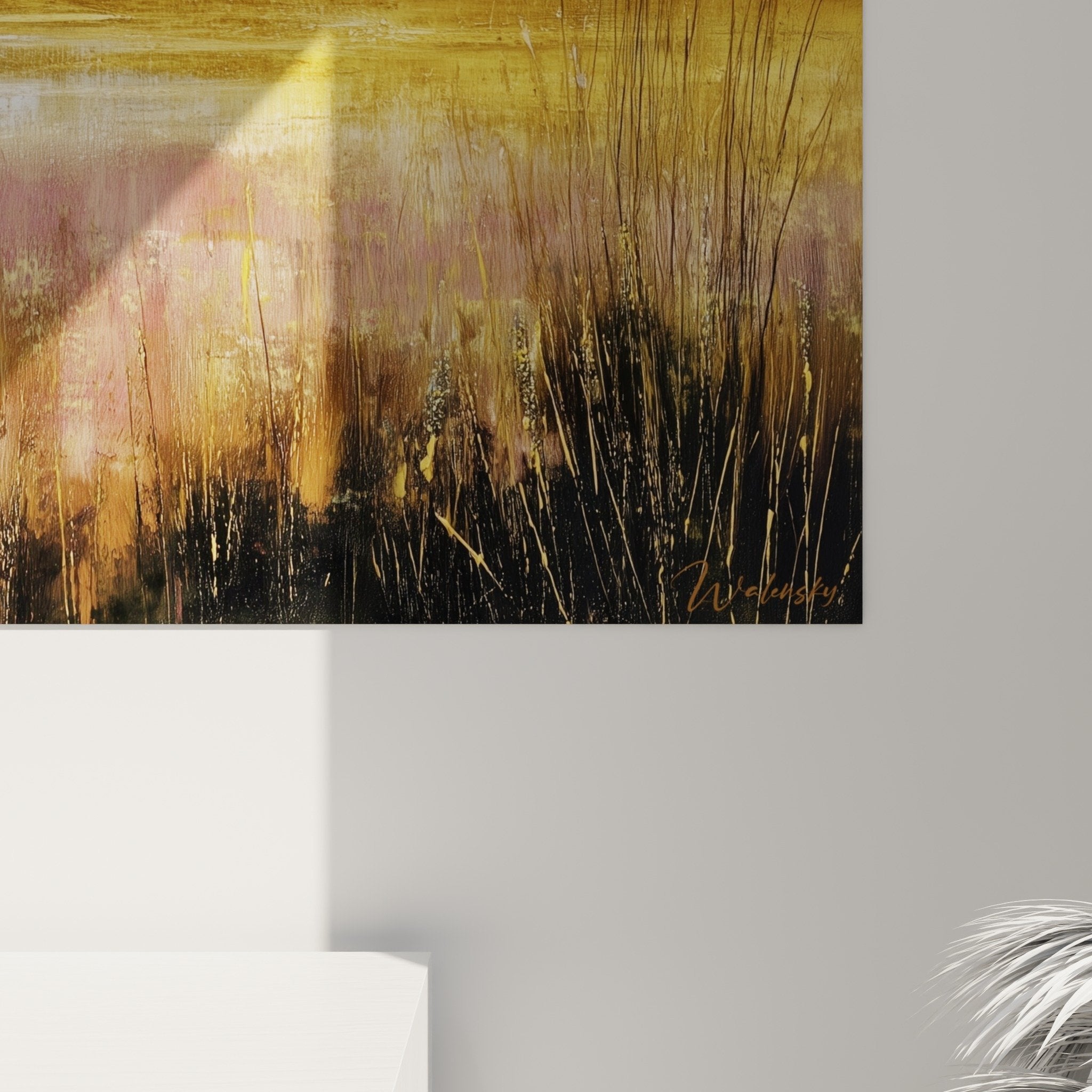 Vue ensemble tableau mural paysage graminees ciel orageux lumiere doree horizon
