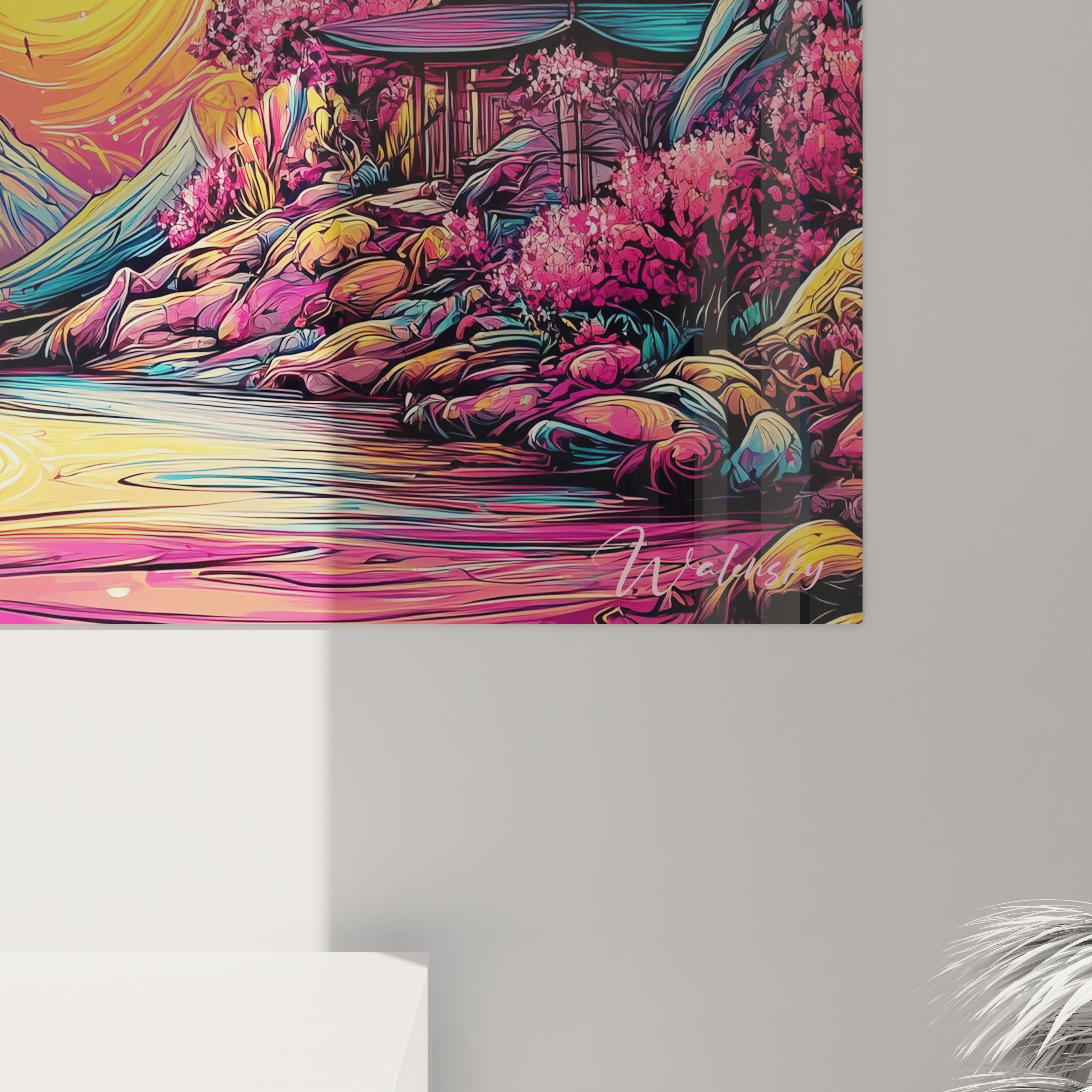 Vue ensemble tableau paysage japonais cerisiers temple montagne soleil couleurs vibrantes déco murale