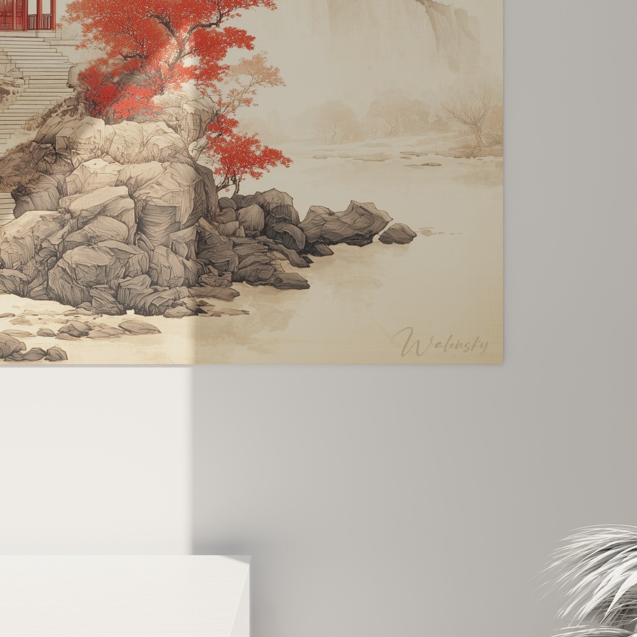 Gesamtansicht Landschaftsbild Berge rotes Pavillon Herbst Wanddekoration zen