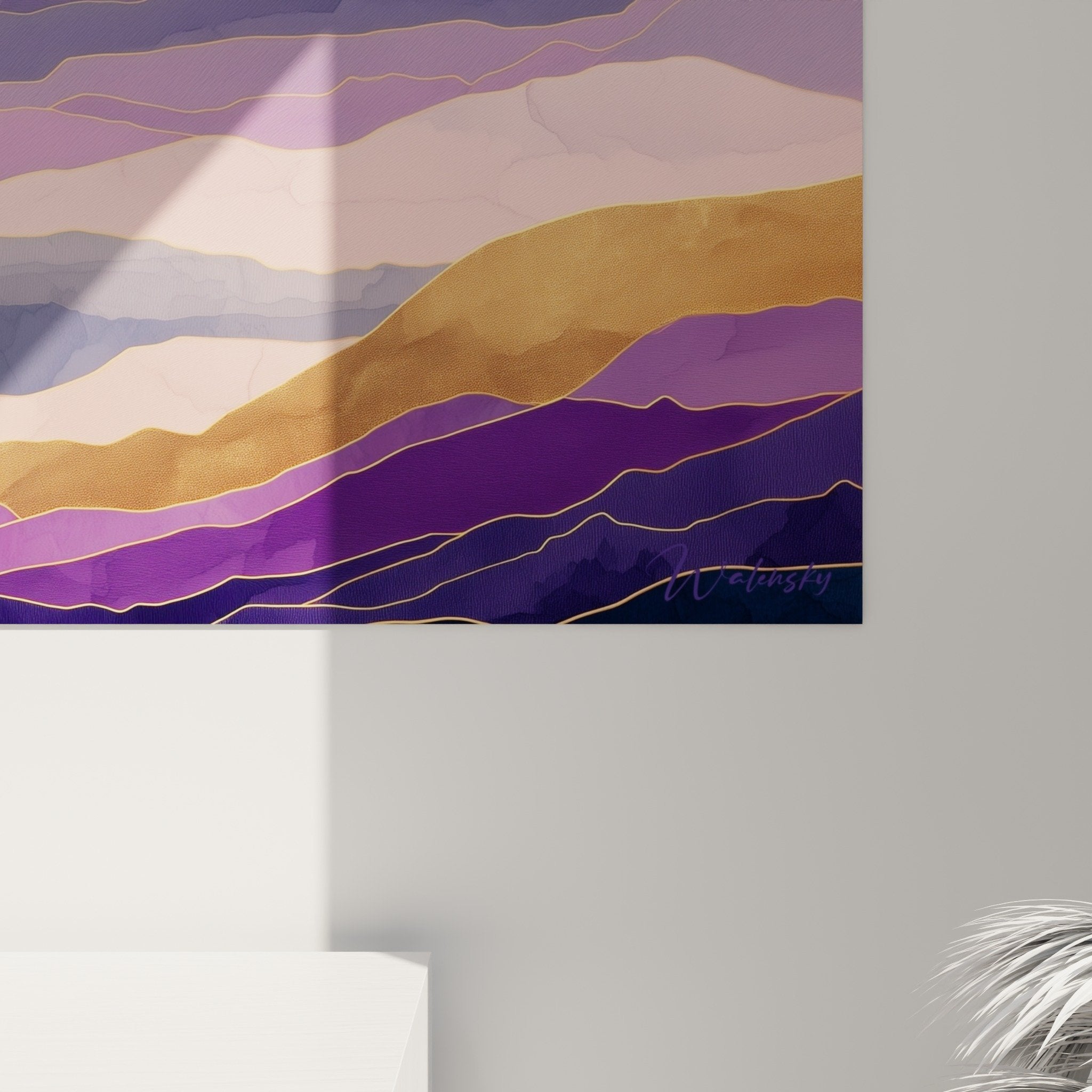 Stylized mountain landscape painting with purple and gold tones, feng shui wall decor for southeast wood element