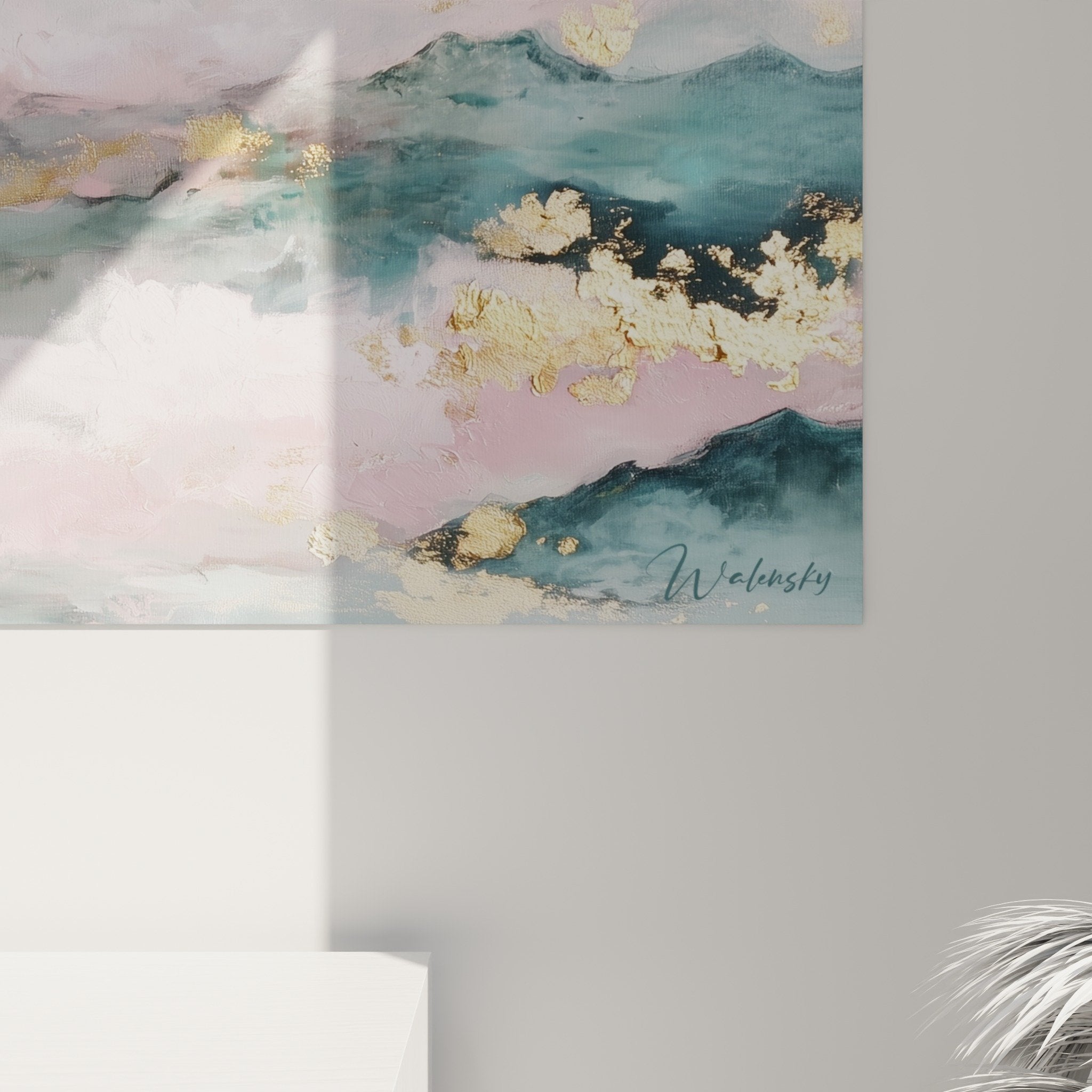 Overall view abstract mountain landscape painting pink turquoise gold feng shui wood decoration