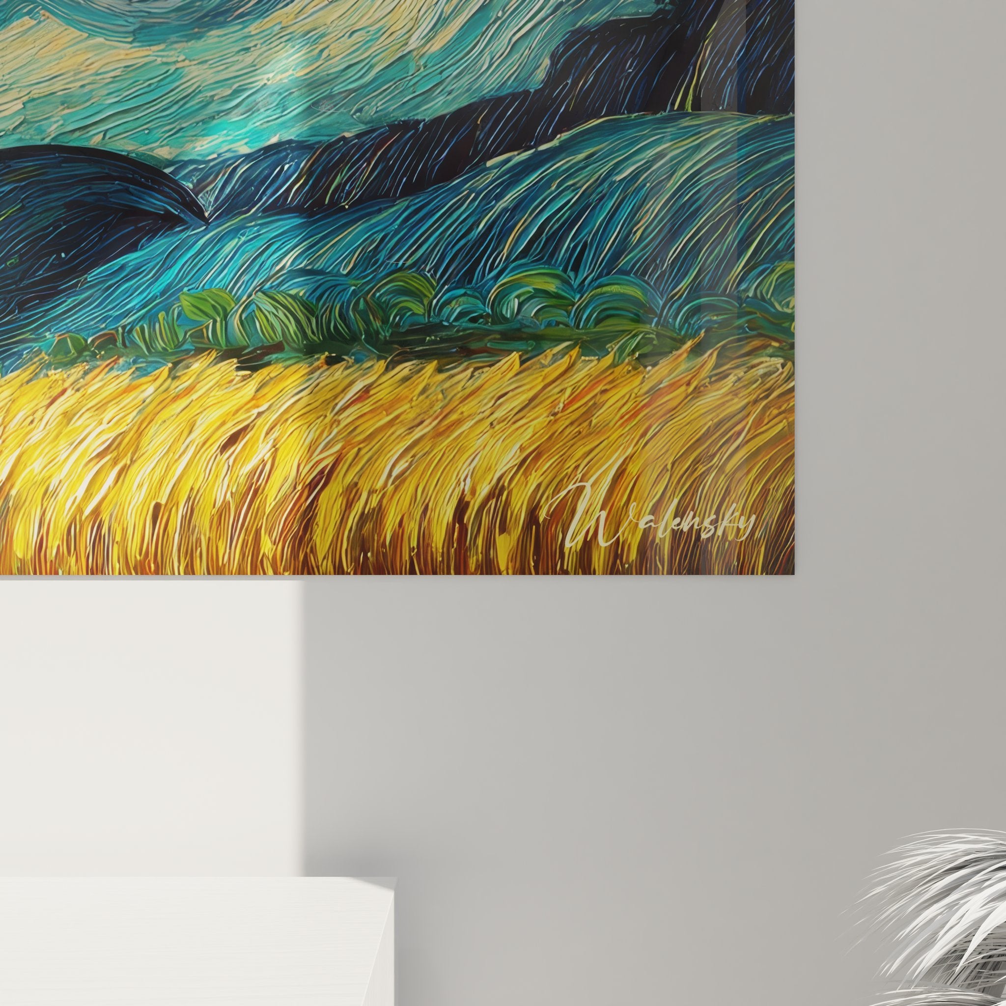 Vue ensemble tableau paysage nuit étoilée avec village, cyprès et ciel tourbillonnant bleu doré