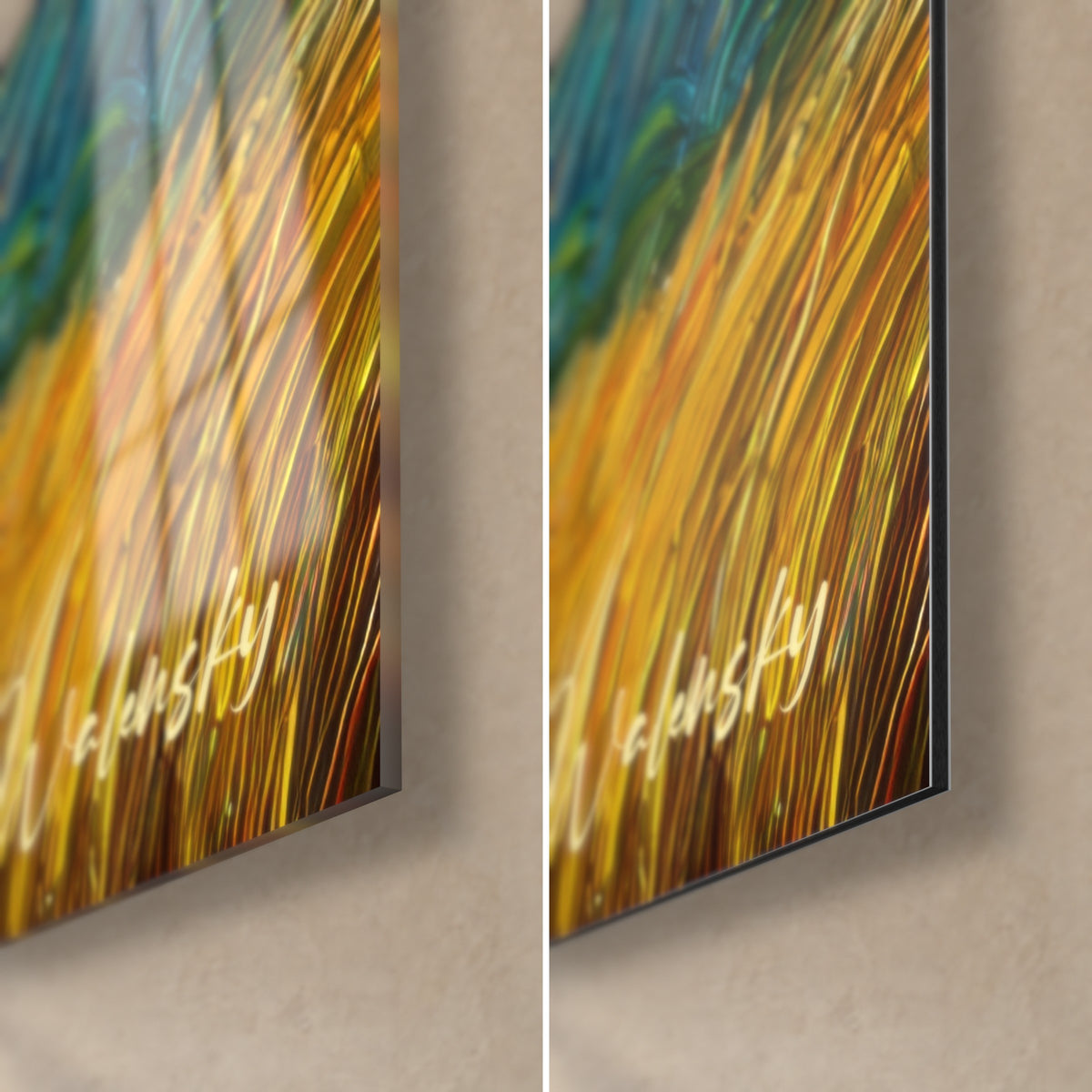 Cuadro remolinos cósmicos, esquina inferior derecha: espigas de trigo amarillo anaranjado, cristal acrílico brillante con reflejos, aluminio Dibond mate, grosor de 3 mm