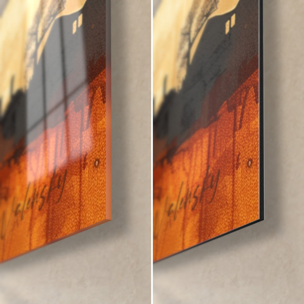 Tableau baobabs noirs sur ciel orange, coin bas droit : verre acrylique brillant et reflets à gauche, alu Dibond mat à droite