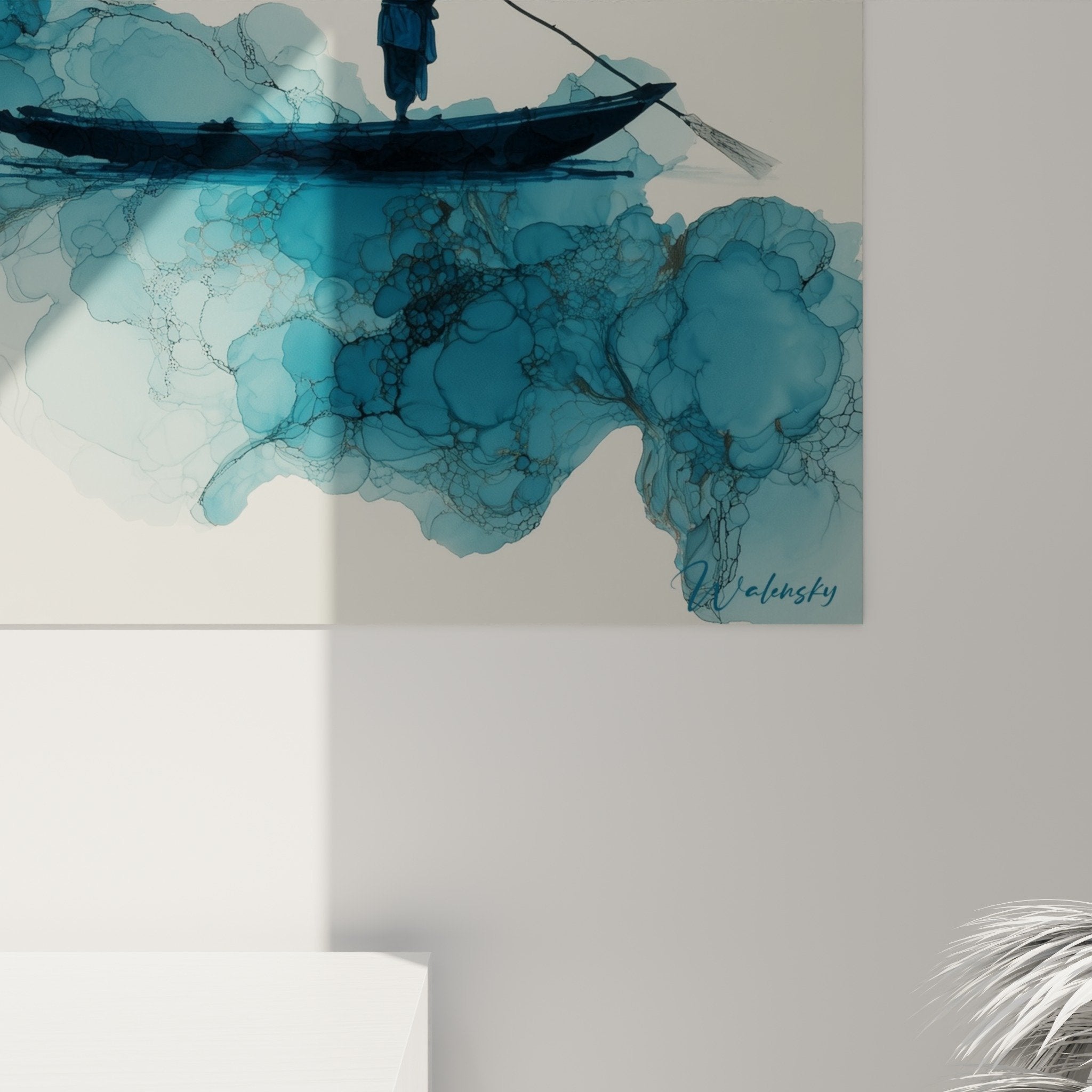 Gesamtansicht Aquarell-Gemälde Fischer blau Innenraum-Dekoration zen Feng-Shui Norden Wasser