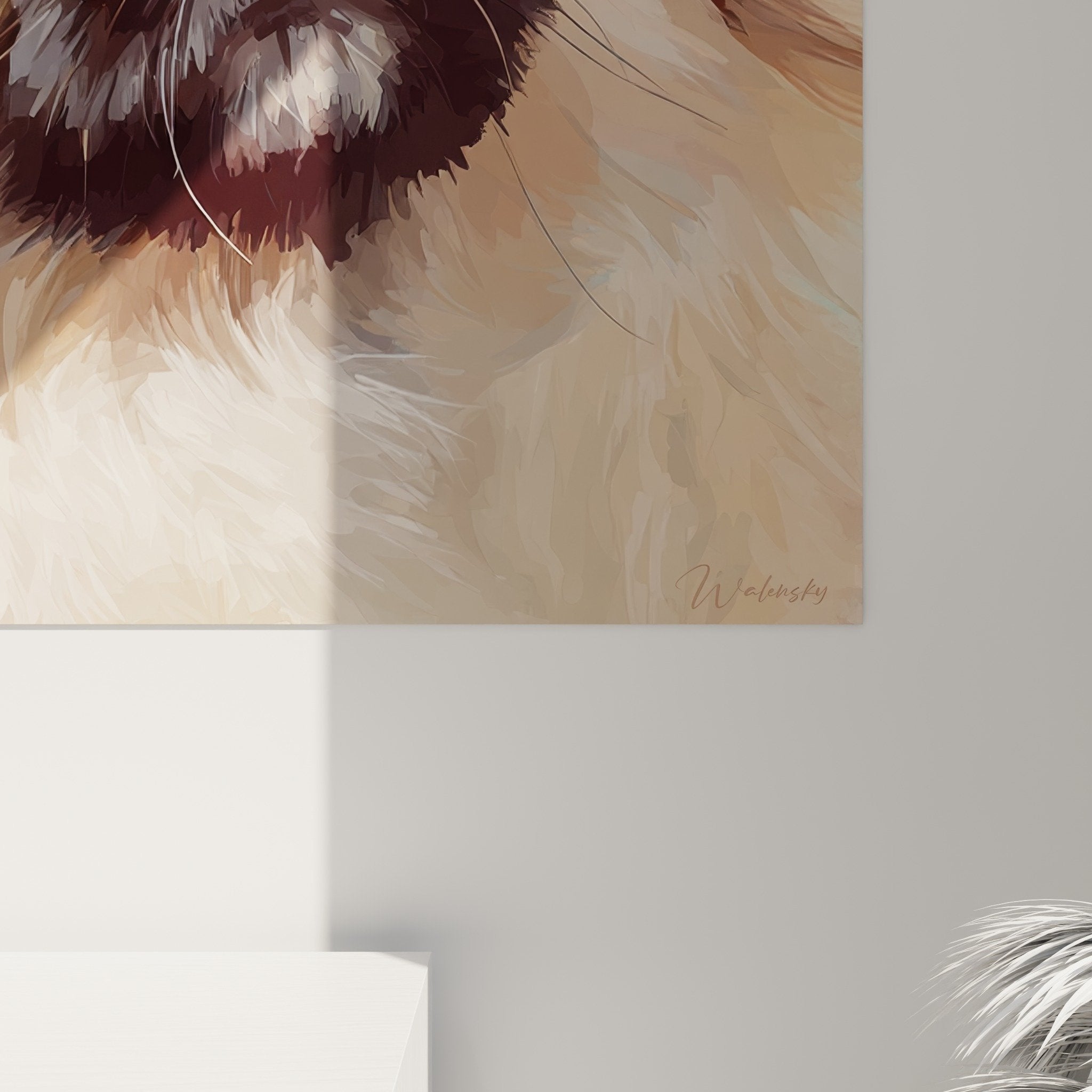 Vue ensemble tableau portrait chien Pekinois, art mural decoratif ambiance douce salon contemporain