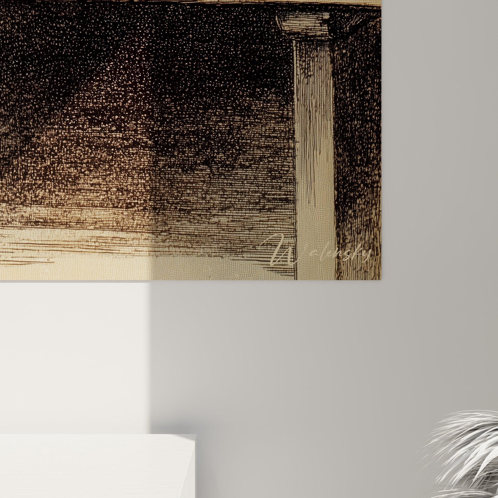 Full view of Pekinese painting on bench balanced composition warm tones dog art decorative