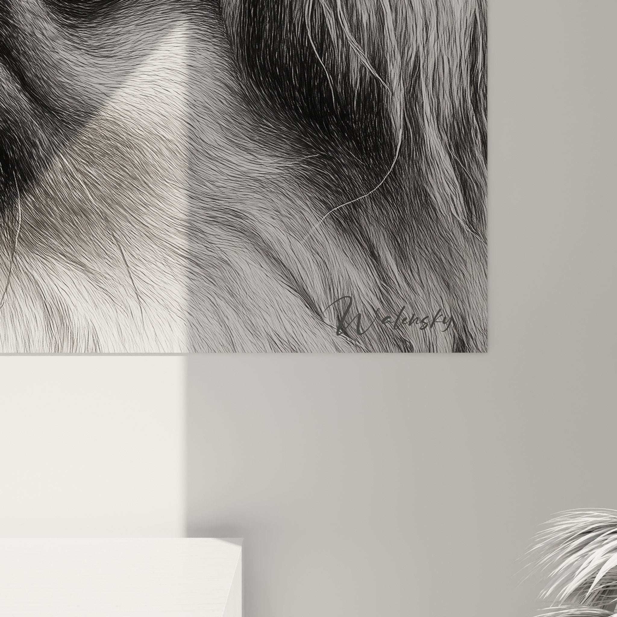 Vue ensemble tableau portrait pekinois noir blanc decoration interieur moderne epure