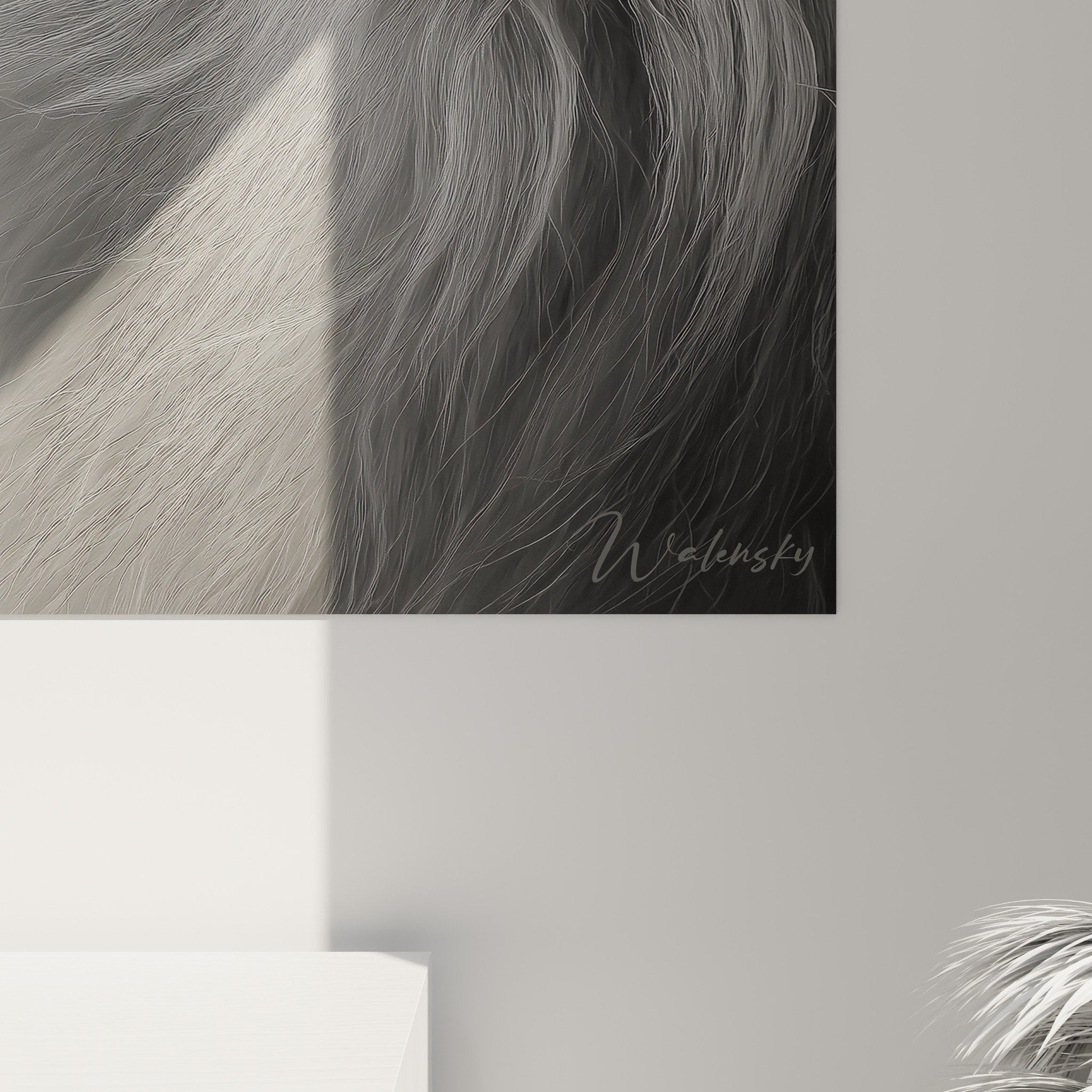 Vue ensemble tableau pekinois noir blanc decoration murale portrait canin artistique style contemporain