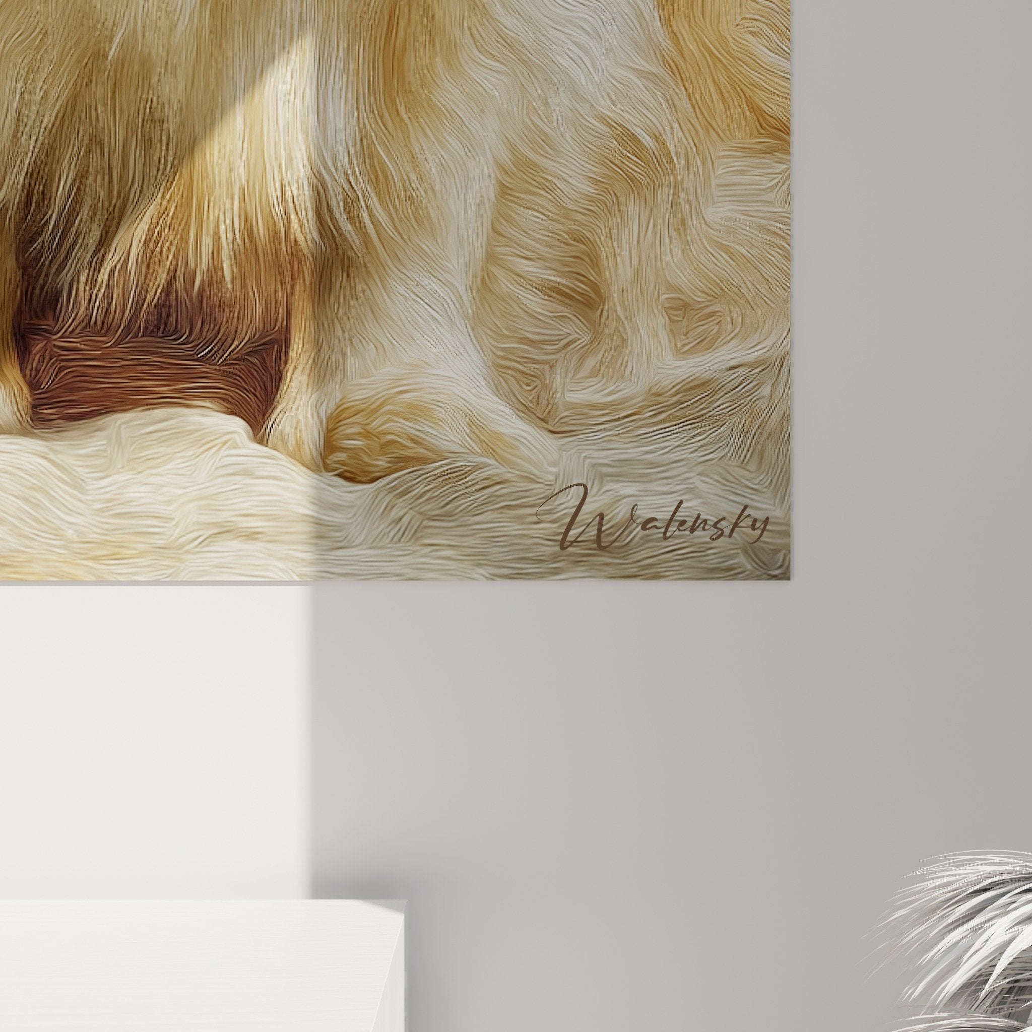 Vue ensemble tableau pekinois dore dans salon moderne decoration animaux tons neutres