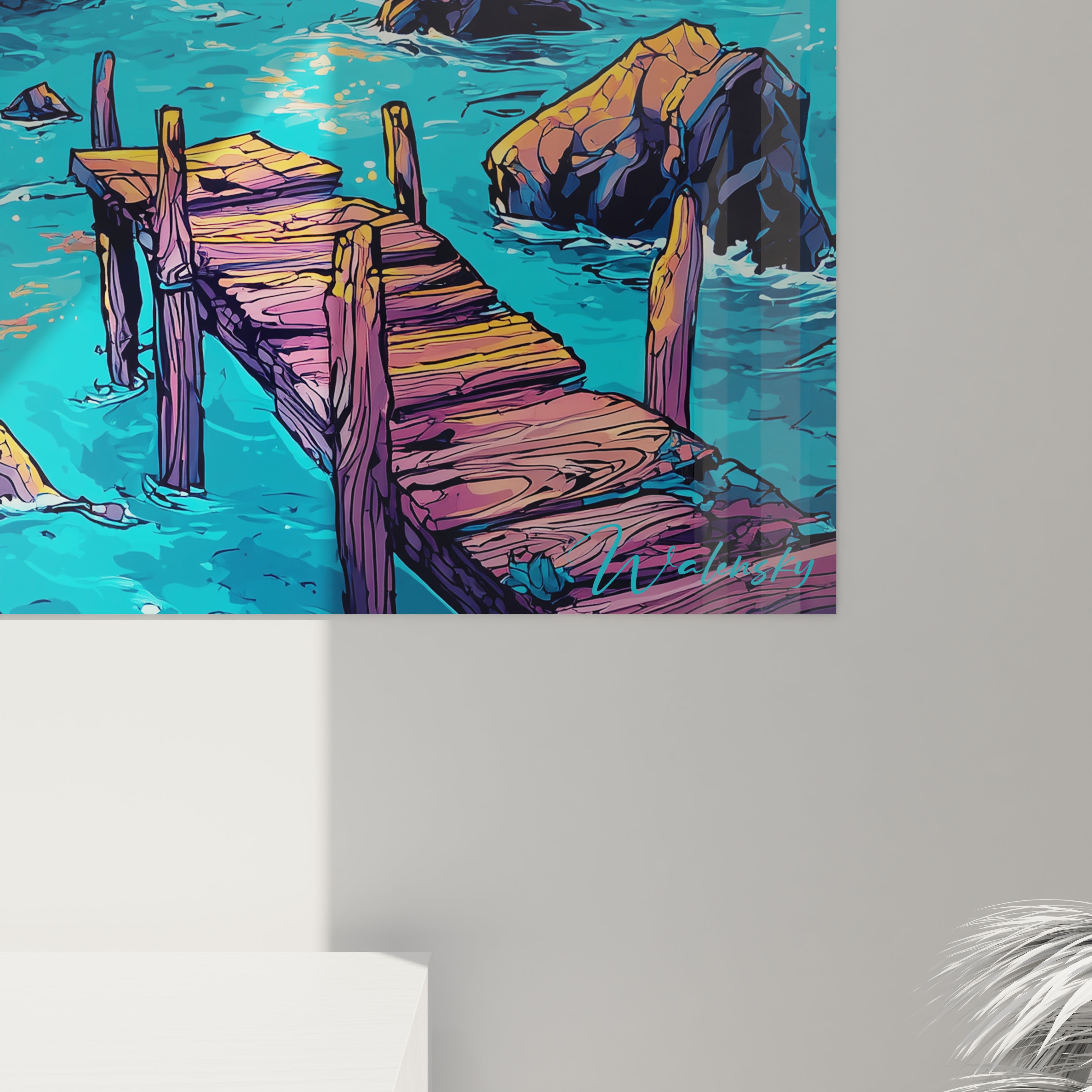 Vue ensemble tableau mural phare cosmique fantastique avec planètes et océan étoilé