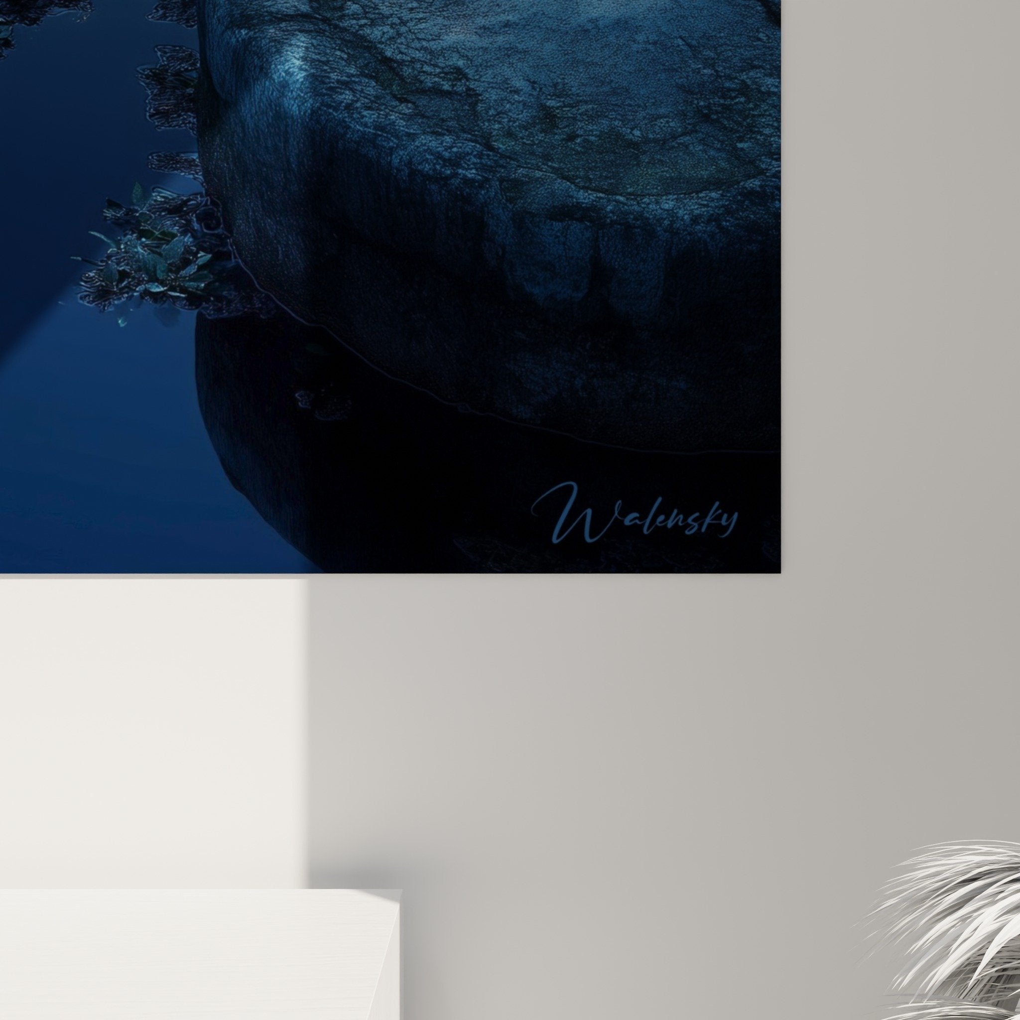 Vue ensemble tableau pierres gue eau bleue mur blanc decoration feng shui nord eau