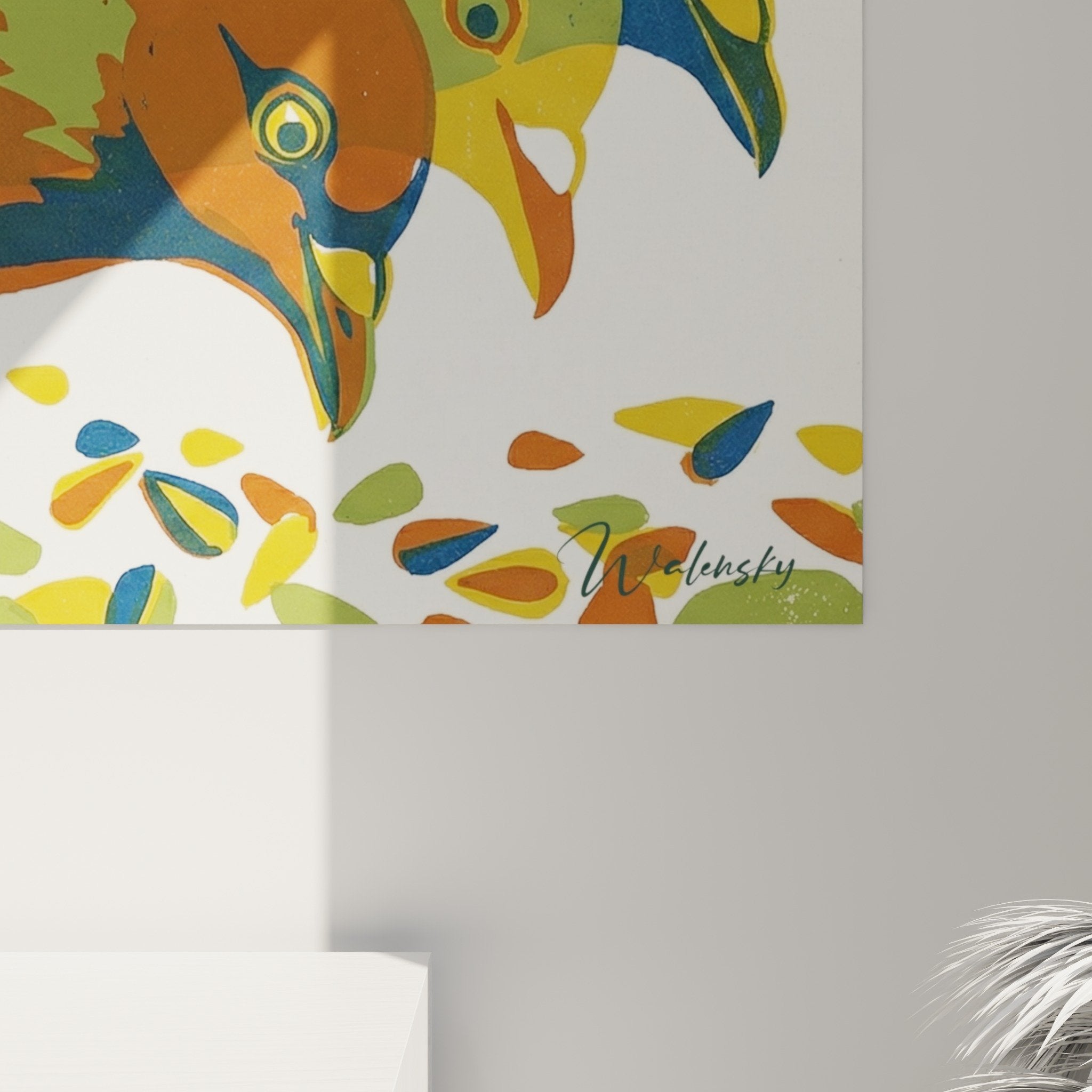 Gesamtansicht mehrfarbiges Taubenbild Konfetti Boden zeitgenössische Wandkunst Dekoration