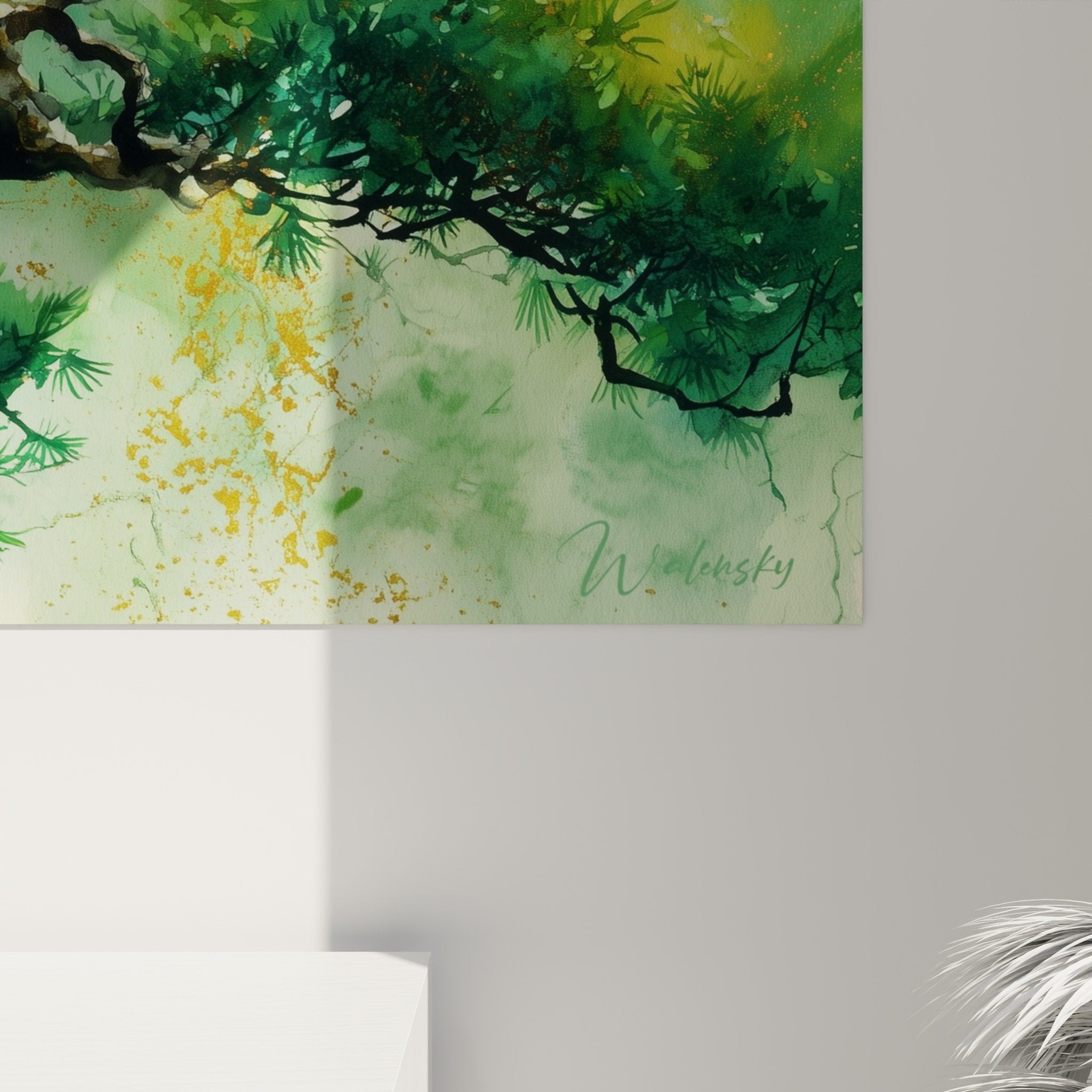 Gesamtansicht Gemälde Kiefer Sonnenschirm Aquarell verschlungene Äste Feng-Shui-Dekoration Holz-Osten