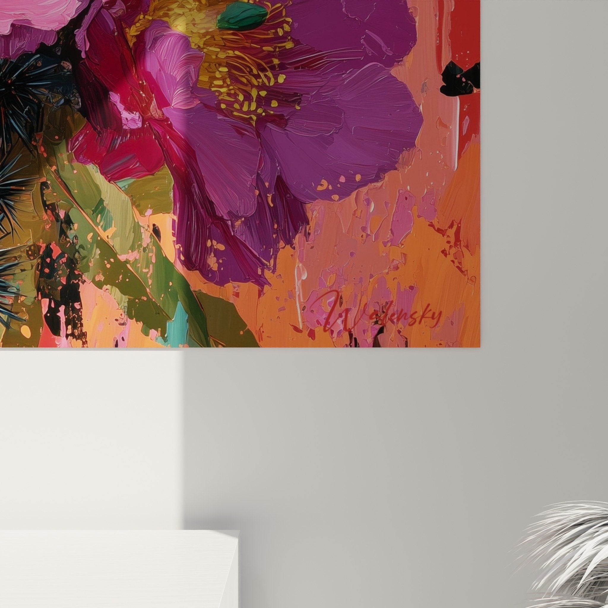 Vue ensemble tableau pivoines cubistes salon moderne decoration murale florale couleurs vives rose turquoise orange