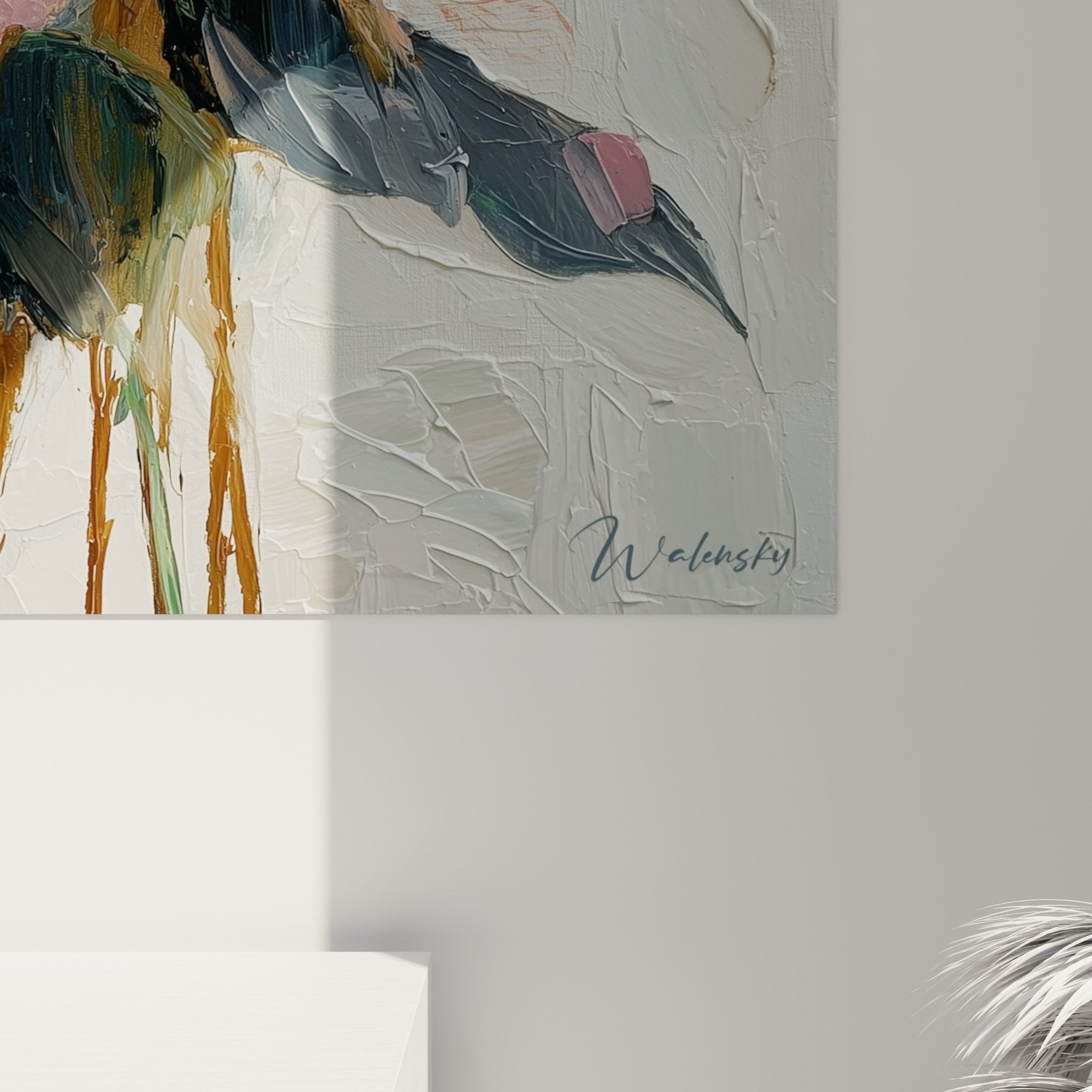 Vue ensemble tableau floral pivoines roses salon décoration murale harmonie couleurs feng shui