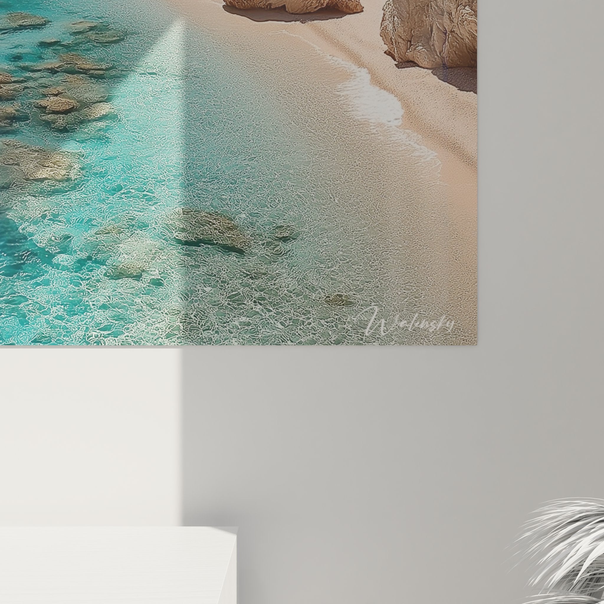 Vue ensemble tableau mural plage méditerranéenne falaises grecques décoration marine intérieur moderne