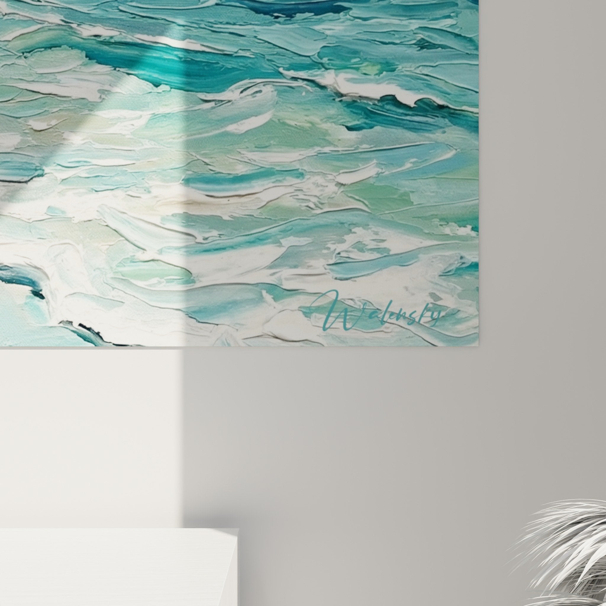 Vue ensemble tableau plage tropicale palmier ocean decoration murale style tropical bali salon moderne