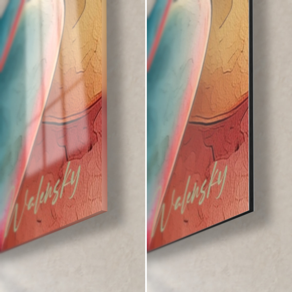 Schilderij rozet van turquoise en koraalkleurige bloemblaadjes, rechtsonder: glanzend acrylglas links, mat Dibond-aluminium rechts