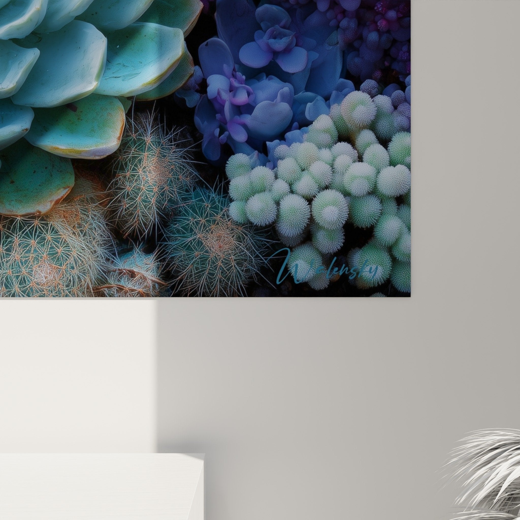 Vue ensemble tableau plantes grasses tons froids bleu violet decoration murale moderne cubisme