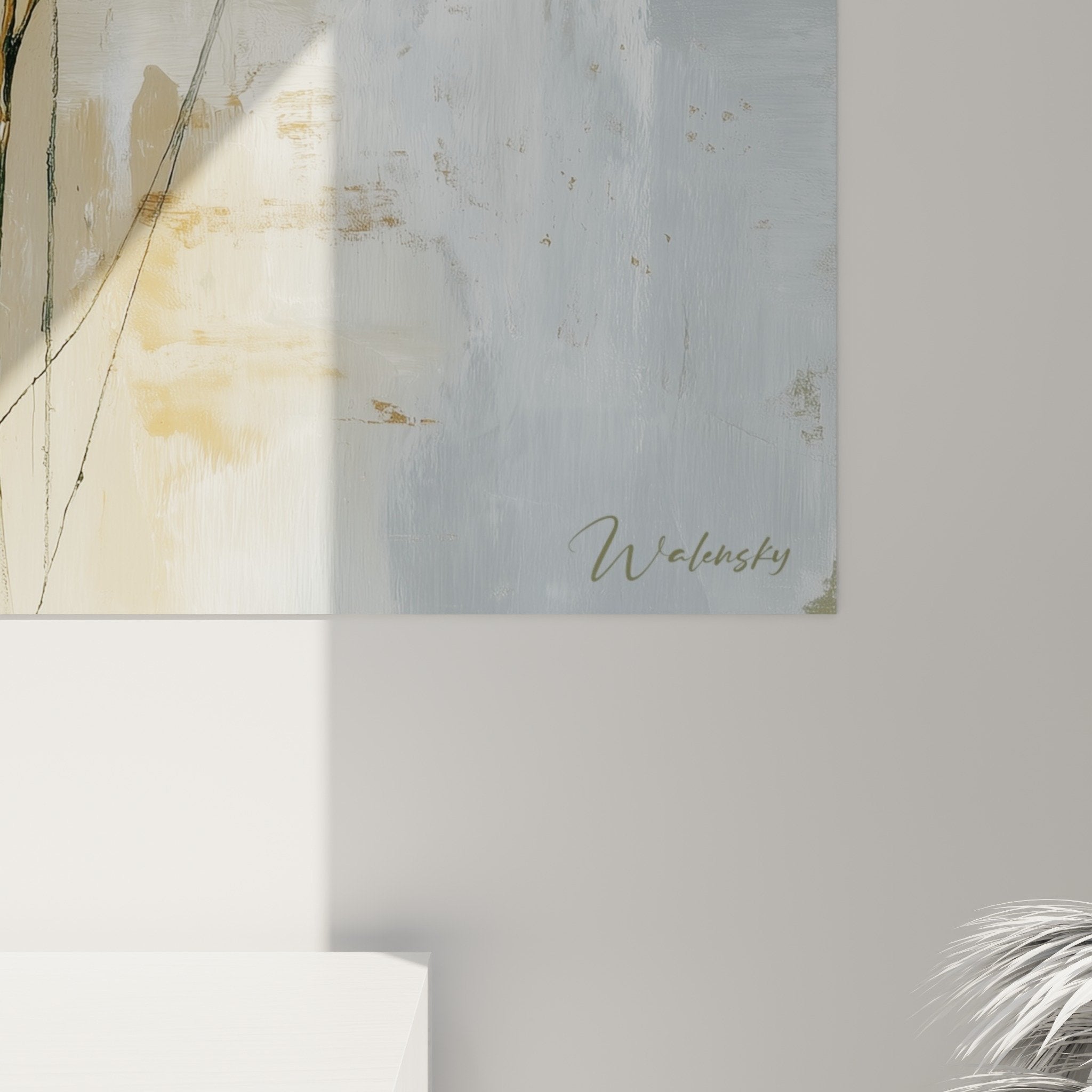 Gesamtansicht abstraktes Federbild in Neutral tönen moderne Dekoration natürliche Wandkunst