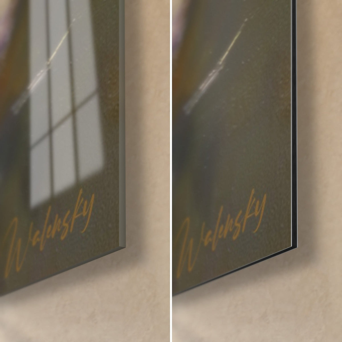 Wall art ivory feather with its golden reflection, bottom right corner: glossy glass on the left, matte Dibond aluminium on the right, 3 mm edge