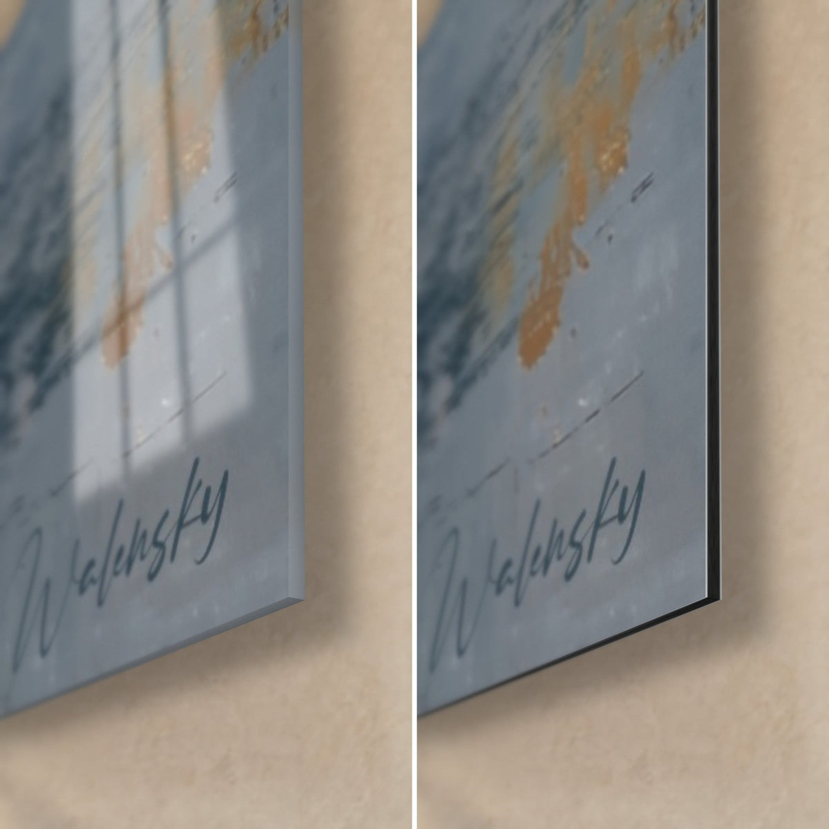 Gemälde mit weißer Feder, untere rechte Ecke: glänzendes Acrylglas links, mattes Dibond-Aluminium rechts, 3 mm Kante